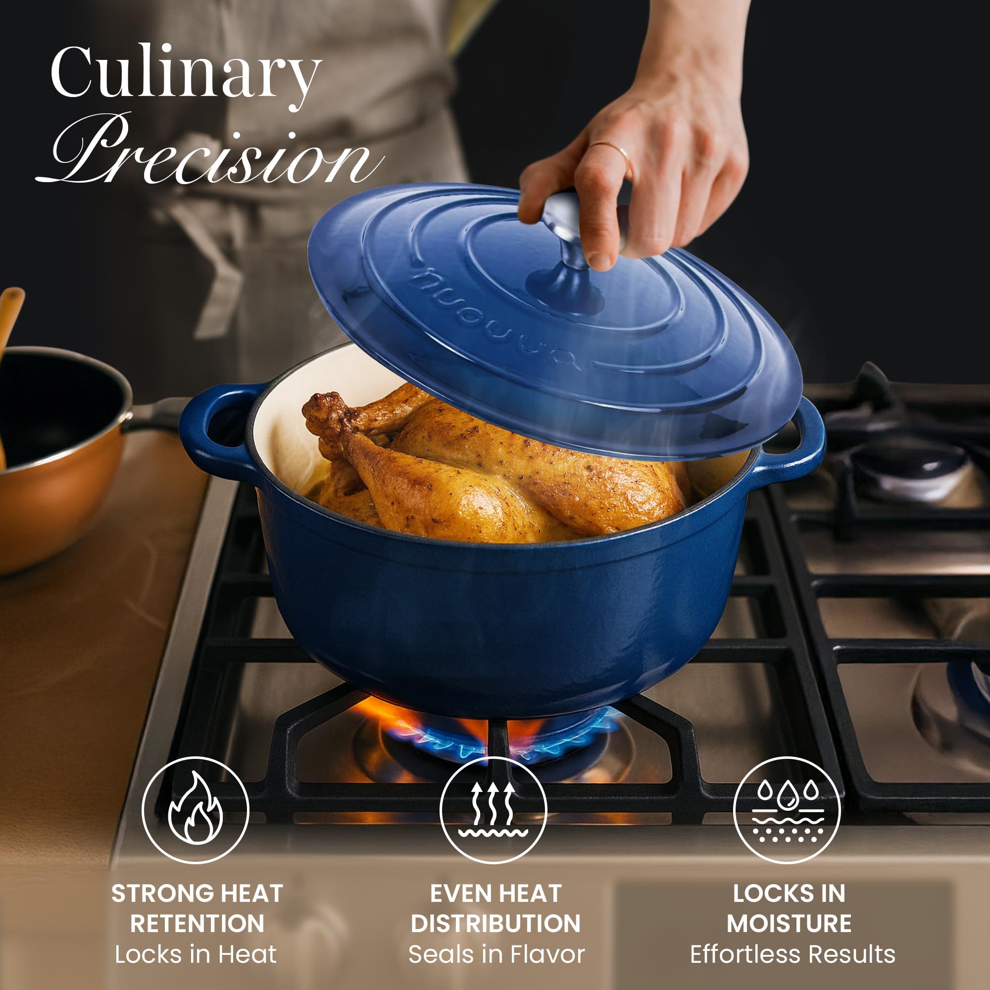 Cast Iron Dutch Oven with Lid - Non-Stick Ovenproof Enamelled Casserole Pot - Sturdy Dutch Oven Cookware - Dark Blue, 7.3-Quart, 30cm - by Nuovva
