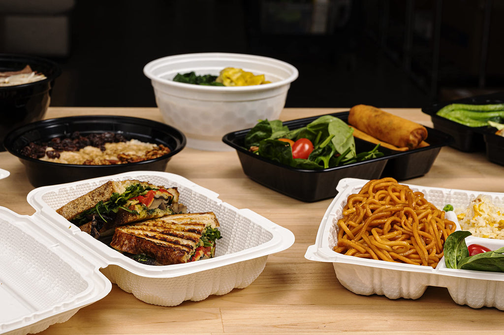 TIYA Clamshell Food Containers - White Bulk 150 Pack, 8x8 in - 3-Compartment To-Go Containers - Microwavable Plastic with Hinged Lid - Great for Meal Prep - BPA-Free