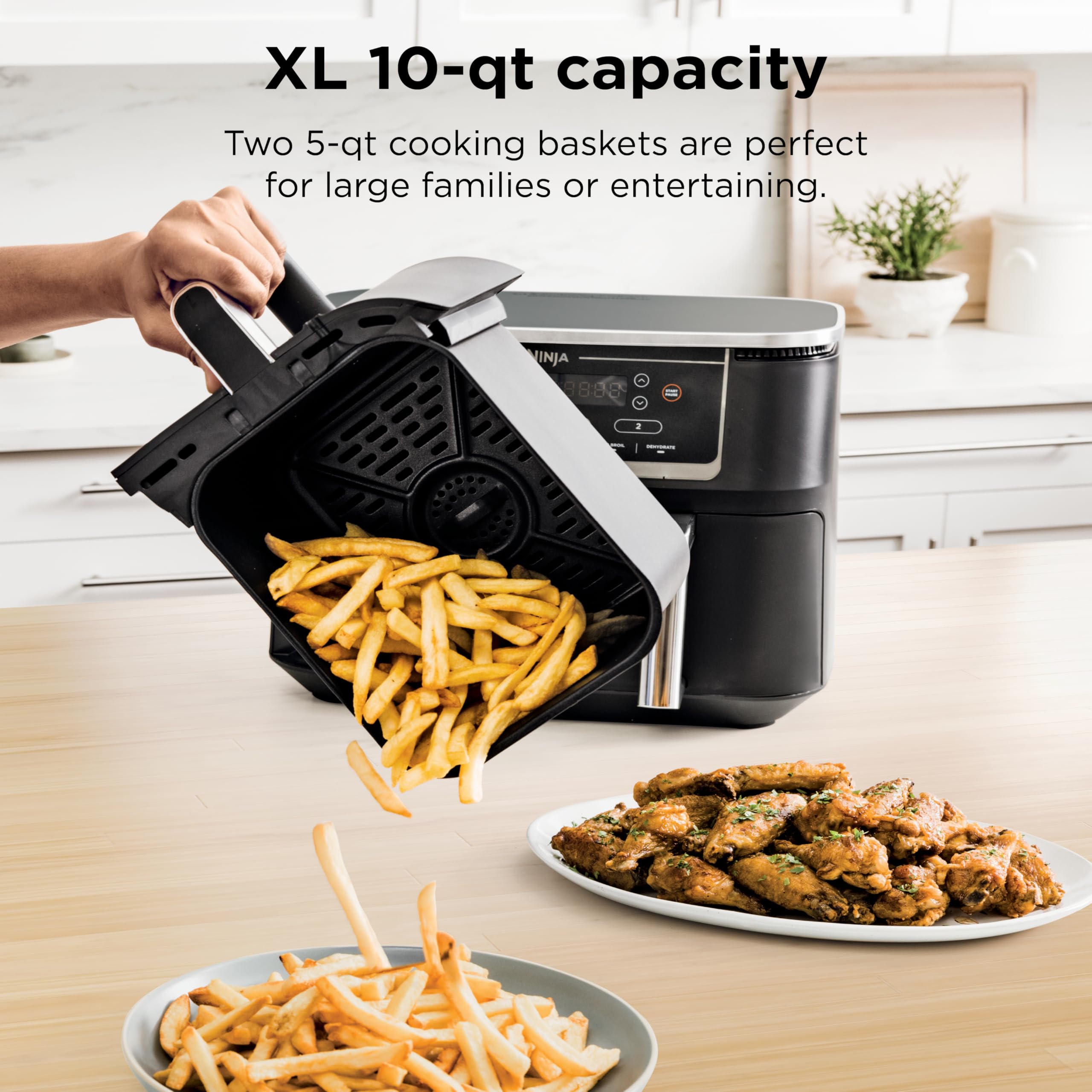 Ninja DZ550 Foodi 10 Quart 6-in-1 DualZone Smart XL Air Fryer with 2 Independent Baskets, Cook Thermometer for Perfect Doneness, Match and Finish to Roast, Dehydrate and More, Black