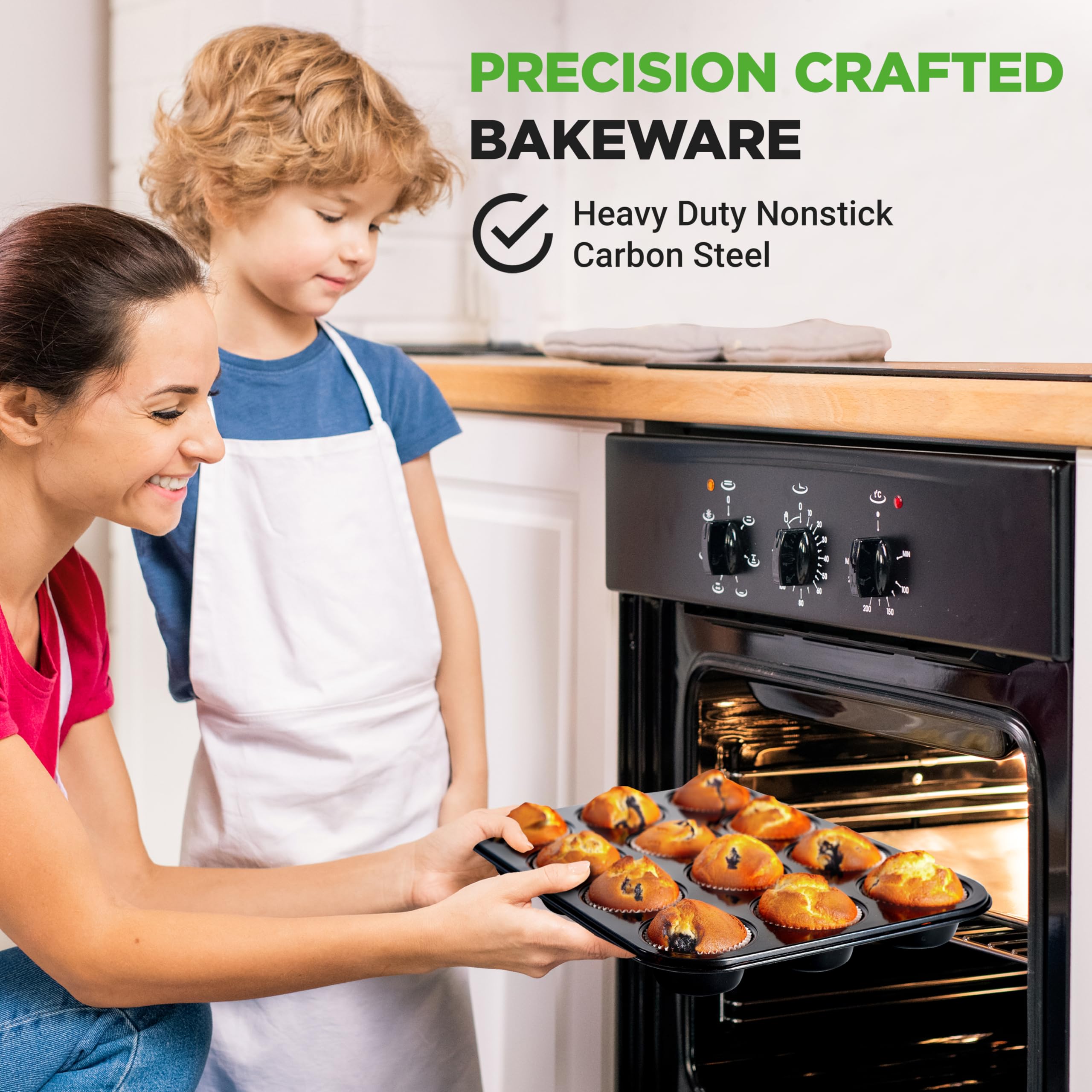 NutriChef Muffin Pans for Baking 4-Pack | Nonstick 12 Mold Cupcake Tins | Carbon Steel Stackable Cup Cake Trays | Dishwasher & Oven Safe | Includes 200 Parchment Paper Liners | 13 x 10 x 1 | Black