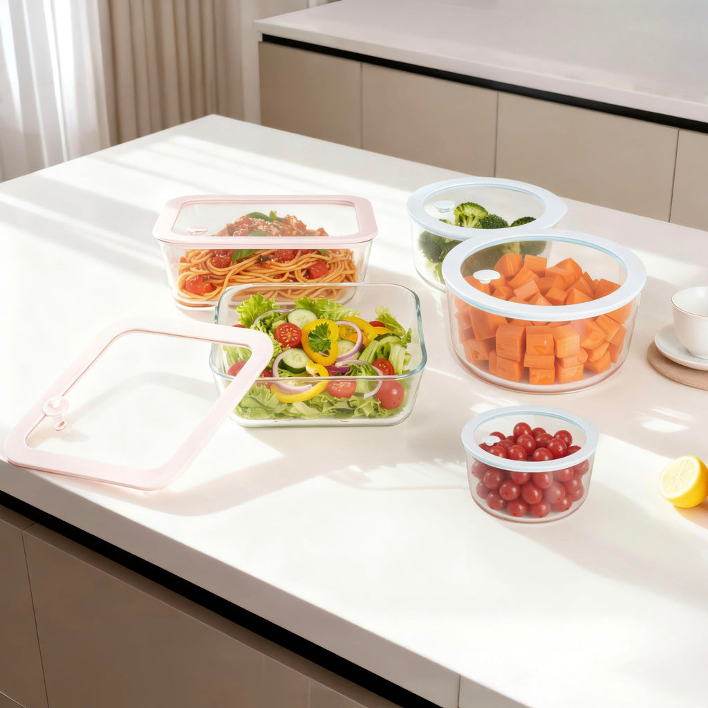 Urban Green Glass Food Container Set with Glass Lid, 5 Pack, Meal Prep Containers with Silicone Framed Airtight Lid, Leakproof, 100% Plastic Free