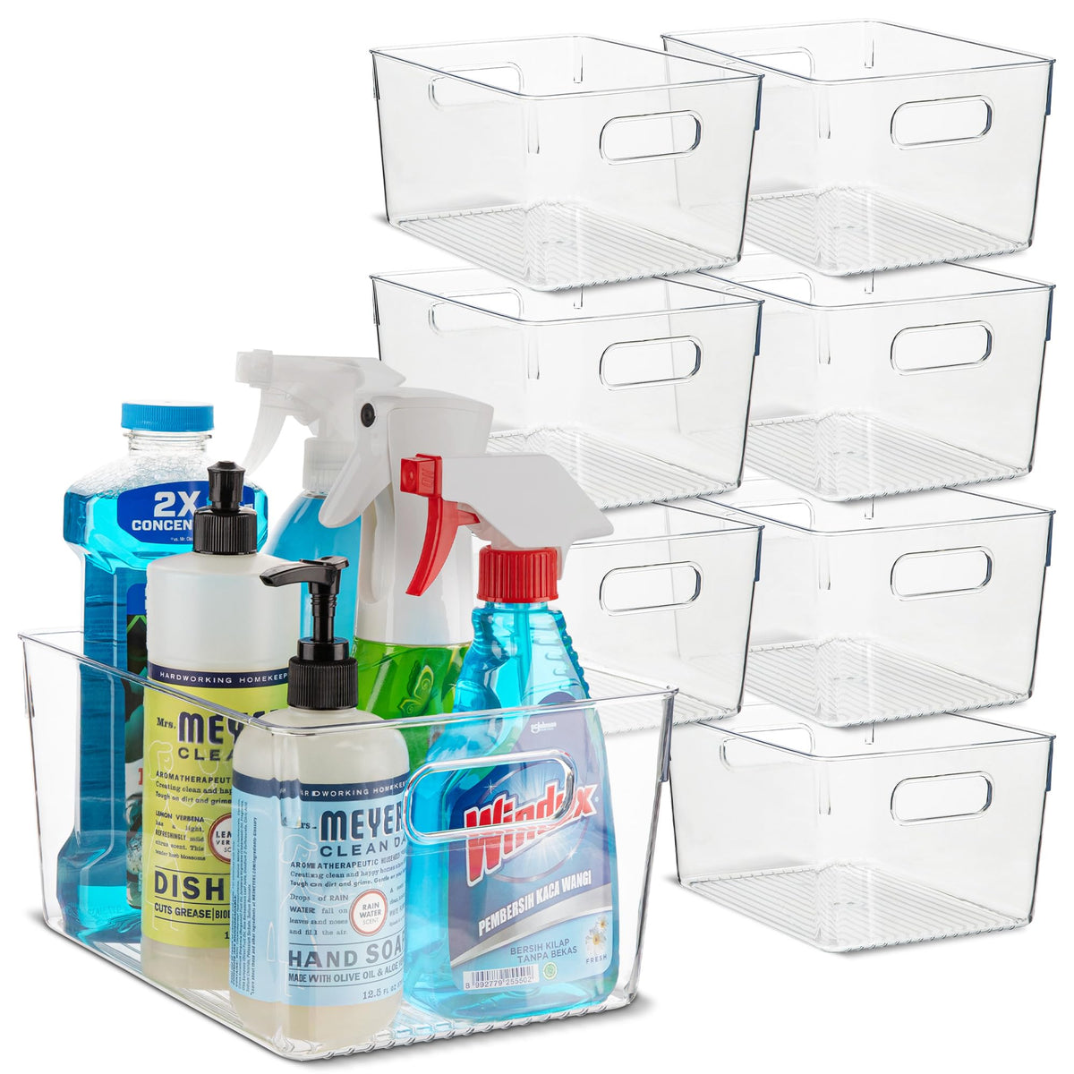Plastic Food Storage 2 Pack Clear Container Bin with Handles for Organizing Kitchen, Pantry, Refrigerator, Freezer, Pantry, Cabinet, Closet, Bathroom. 16”x8”x5”