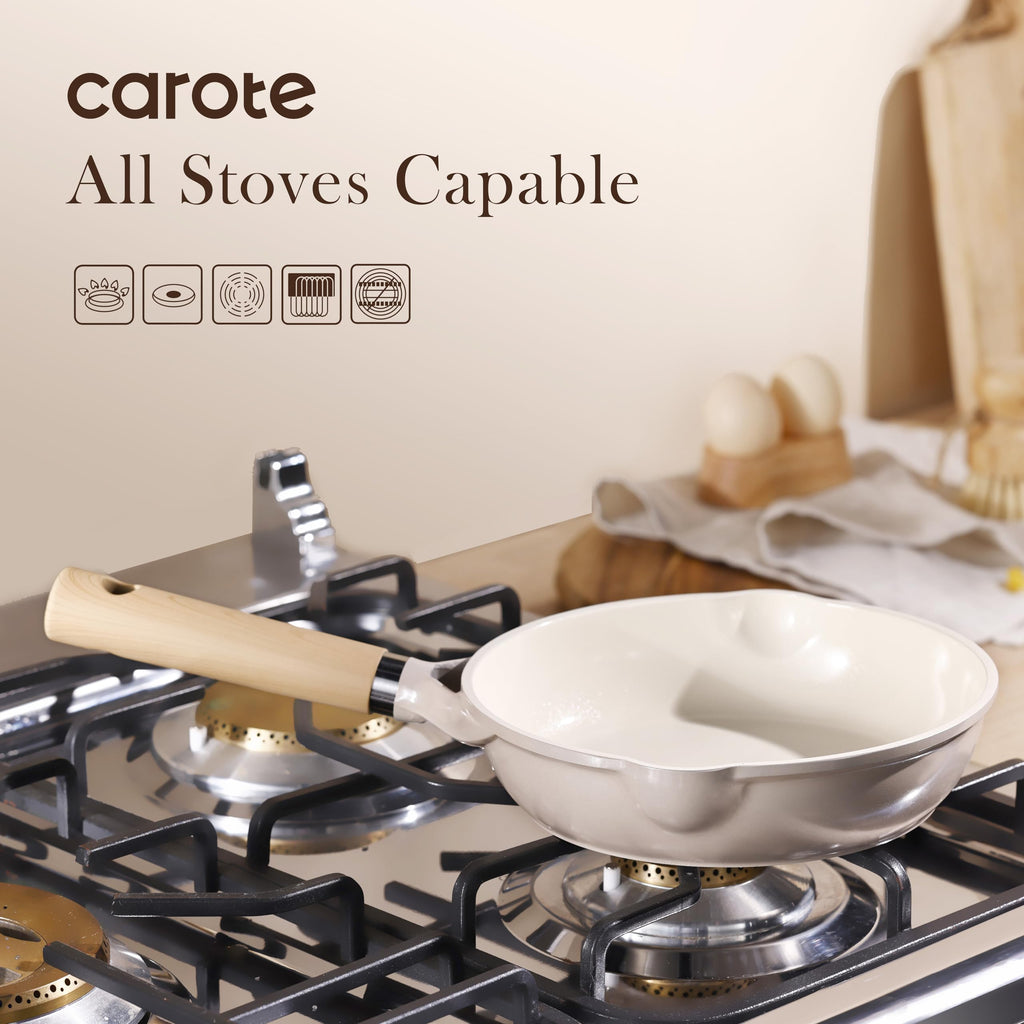 CAROTE 10" Ceramic Frying Pan Skillet, Non Stick Skillet Chef's Pan, Healthy & PFOA/PFAS Free, Induction-Compatible, Taupe