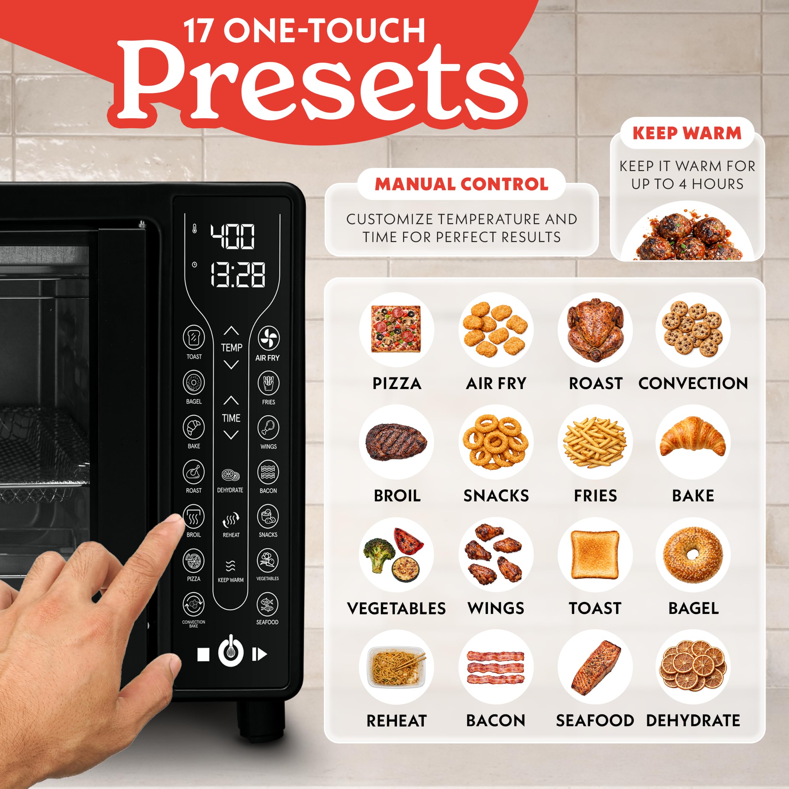 Gourmia French Door Air Fryer Toaster Oven – 6-Slice Capacity, FryForce 360°, Digital Display with 17 Cooking Presets, Black