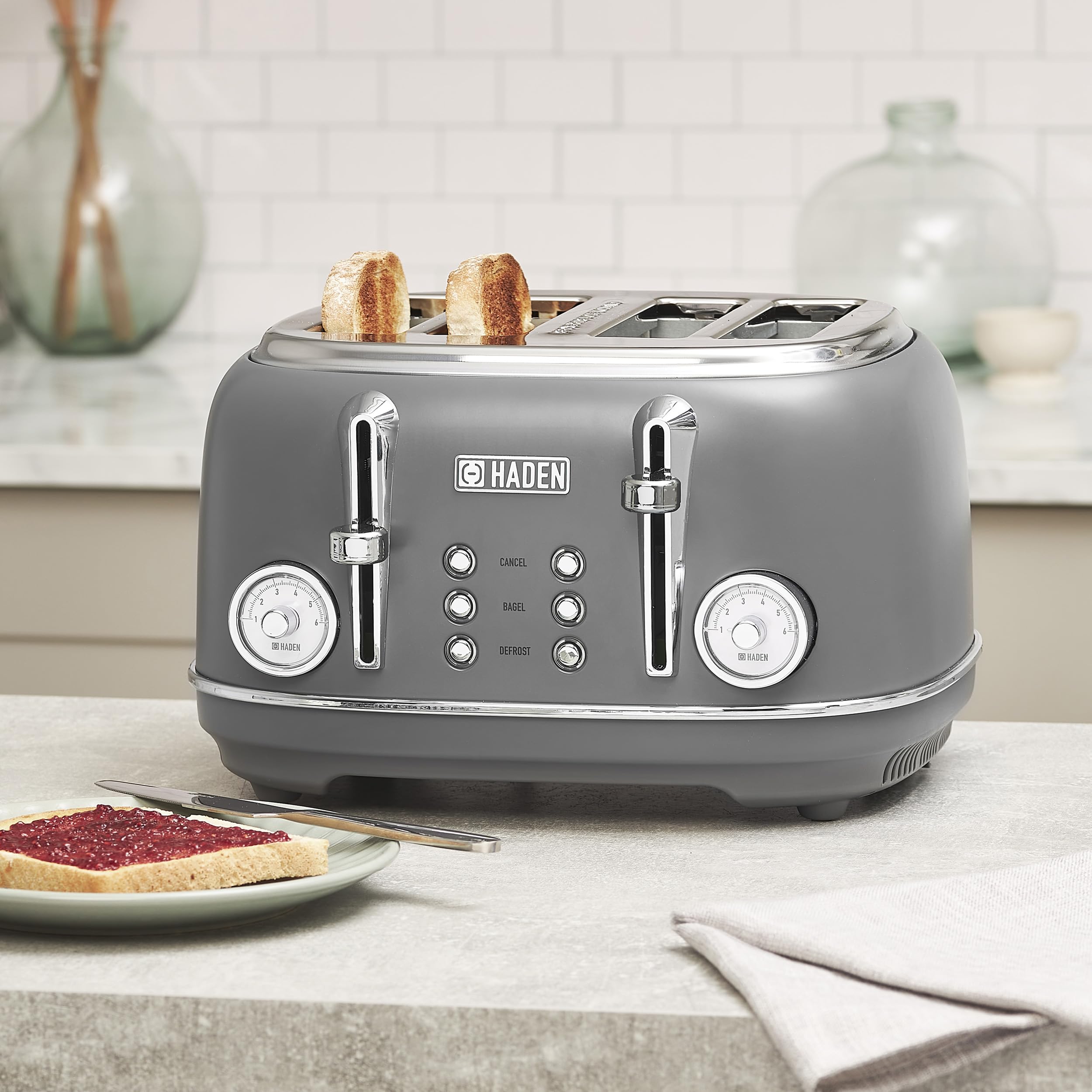 Haden Chelsea 4-Slice Wide Slot Stainless Steel Toaster with Adjustable Browning Control & Non-Slip Feet, Grey & Chrome