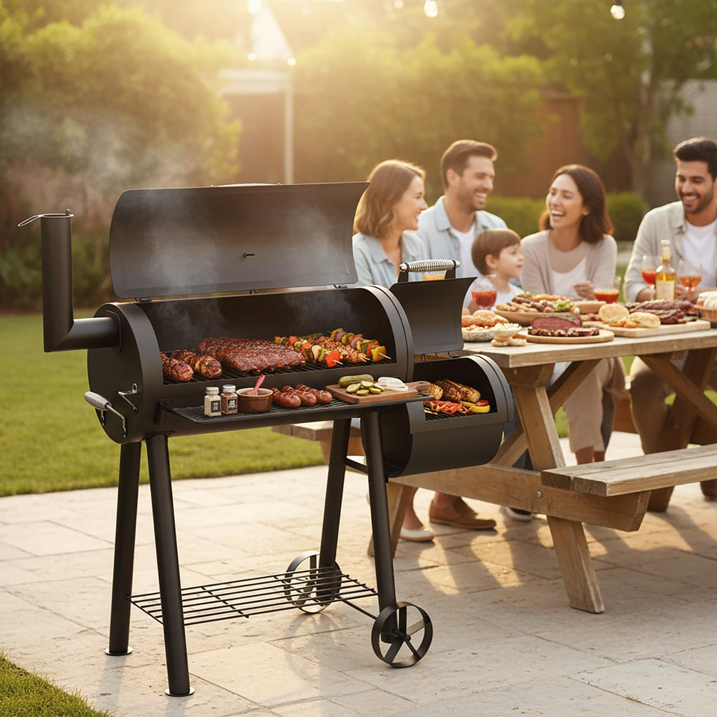 MFSTUDIO Barrel Charcoal Grill w/Offset Smoker w/ 512 SQ.IN. Cooking Area