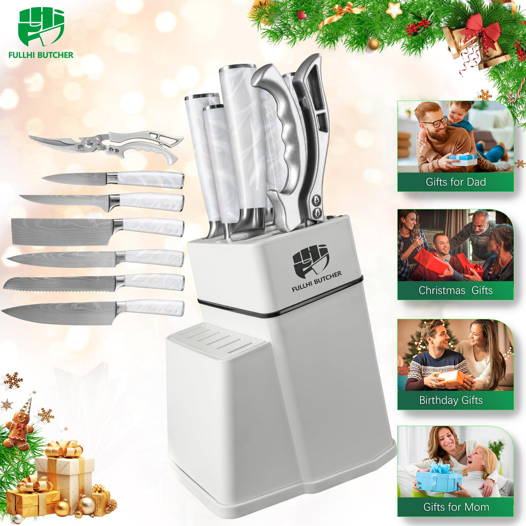 FULLHI 8pcs block Knife Set,chef's Knves Set with Block and Sharpener, Kitchen Knife Set,Multi-colour Handle, Gifts for Men Women