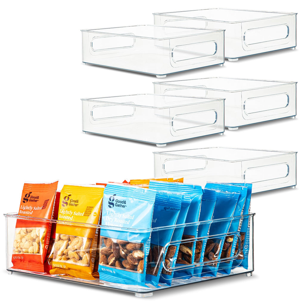 Plastic Food Storage 6 Pack Clear Container Bin with Handles for Organizing Kitchen, Pantry, Refrigerator, Freezer, Pantry, Cabinet, Closet, Bathroom. Stackable 10”x8”x3”
