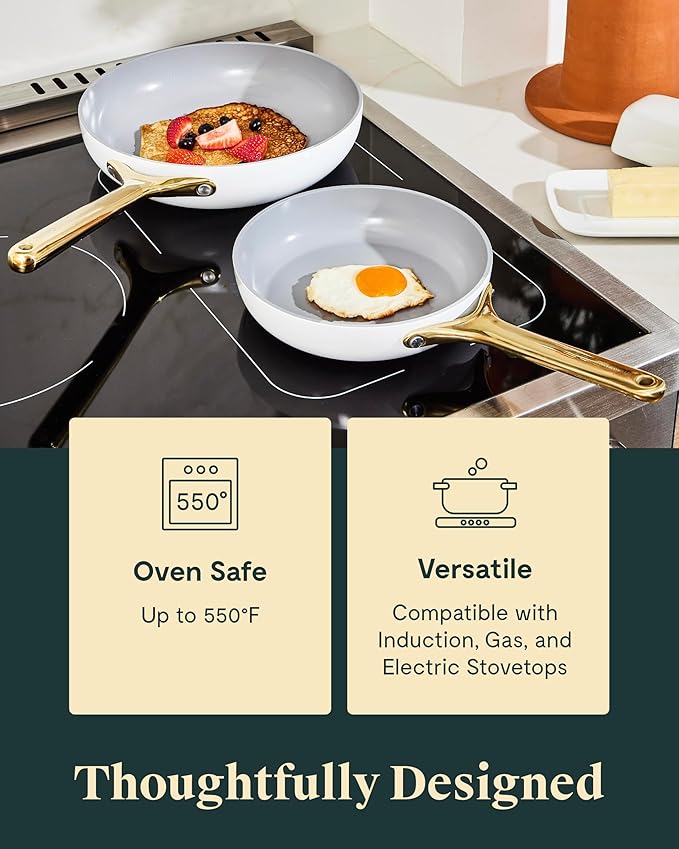 Caraway Ceramic Nonstick Fry Pan Set with Glass Lids – Includes Two 10.5” Fry Pans, One 8” Fry Pan, & Three Lids - Non Toxic, PTFE & PFOA Free - Oven Safe & Compatible with All Stovetops - Perracotta