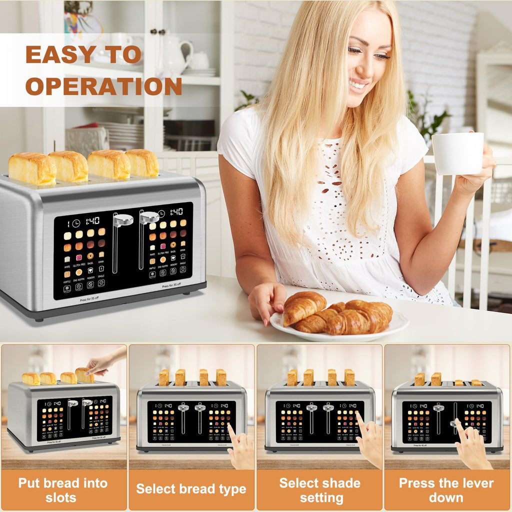 4 Slice Toaster Touch Screen, Stainless Steel Toasters Digital Timer, Dual Control Panel Toasters, 8 Shade Settings 6 Bread Types for Bagel, Cancel, Defrost 1650W Silver
