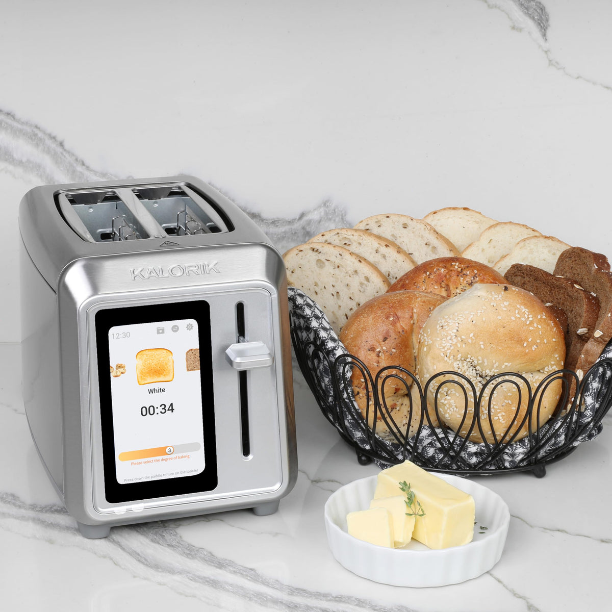 Kalorik Toaster VIVID TOUCH Series 2-Slice with Large High-Resolution Touchscreen and Customizable Cooking Presets by Bread Type, Features Wide Slots and High Lift Lever, 1000-Watts, Stainless Steel