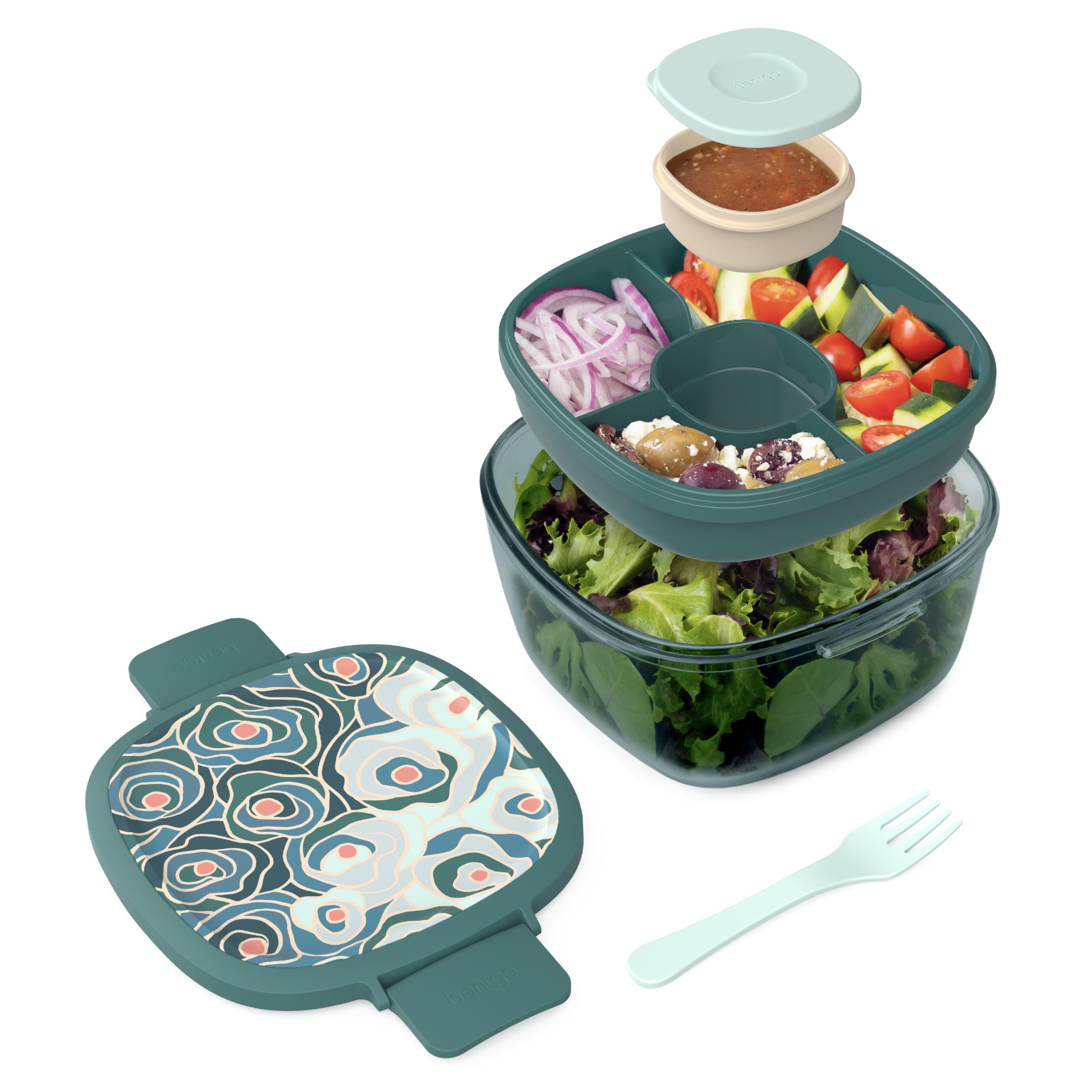 Bentgo Glass Prints Salad Container - 7.6-Cup Tinted Glass Salad Bowl with Airtight Lid, Leak-Proof Sauce Container, 4-Compartment Bento Meal Prep Tray & Reusable Fork (Floral Maximalist - Sea)
