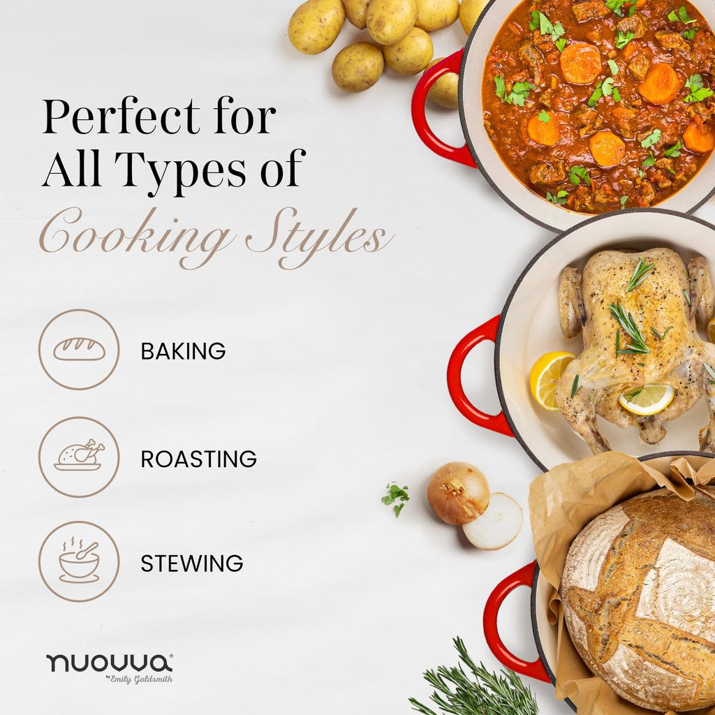 Cast Iron Pot with Lid - Non-Stick Ovenproof Enamelled Casserole Pot, Oven Safe up to 500° F-Sturdy Dutch Oven Cookware-Red, 5-Quart, 24cm-by Nuovva