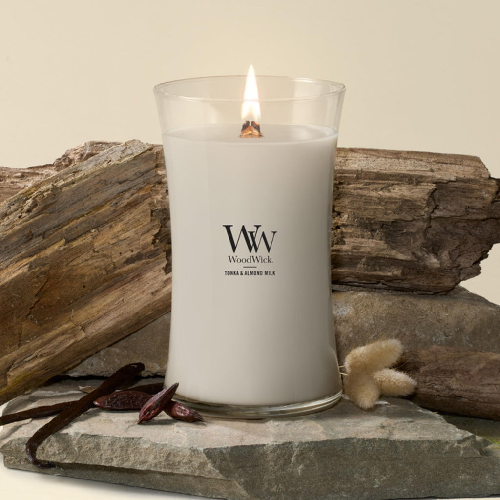 WoodWick Tonka & Almond Milk Gifts for Women and Men, 21.5 oz Large Hourglass Candle with Crackling Wick