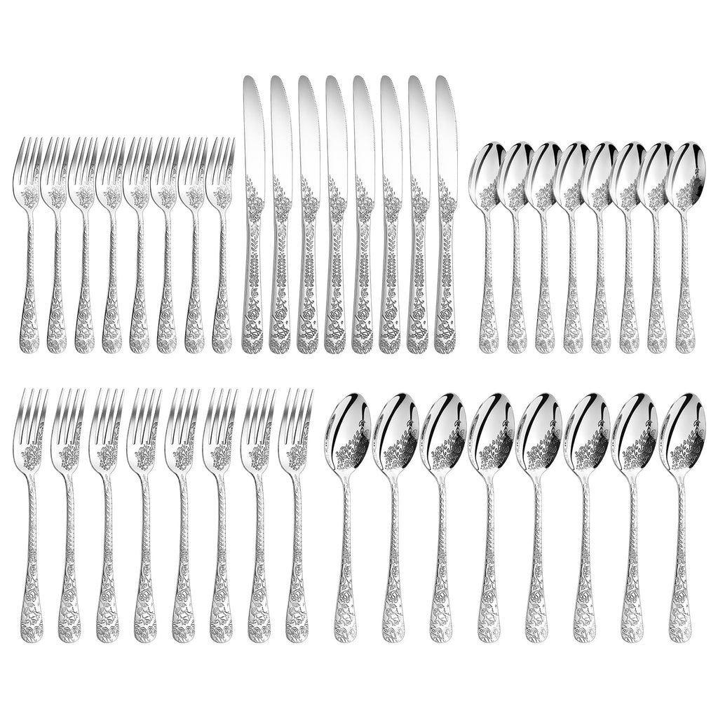 40 Pcs Silverware Set for 8, Food Grade Stainless Steel Flatware Set, Eating Utensils Sets Include Fork/Knife/Spoon, Reusable Cutlery Set for Home Kitchen, Dishwasher Safe, Embossed pattern-1