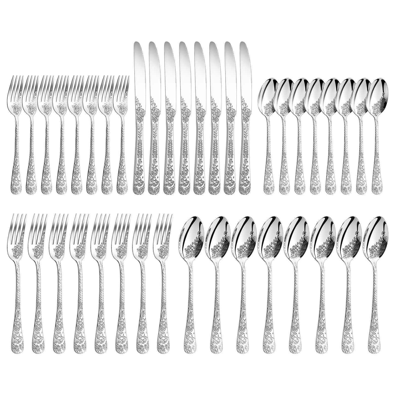 40 Pcs Silverware Set for 8, Food Grade Stainless Steel Flatware Set, Eating Utensils Sets Include Fork/Knife/Spoon, Reusable Cutlery Set for Home Kitchen, Dishwasher Safe, Embossed pattern-1