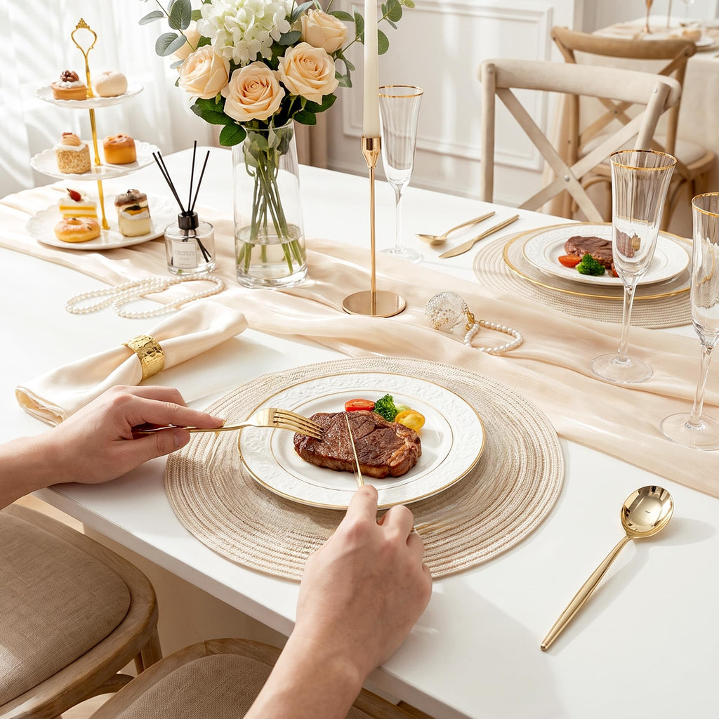 SUT 150PCS Gold Plastic Silverware Set, Heavy Duty Disposable Cutlery for Party,Includes 50 Forks, 50 Spoons and 50 Knives, Elegant Plastic Flatware for Wedding, Birthday and Catering