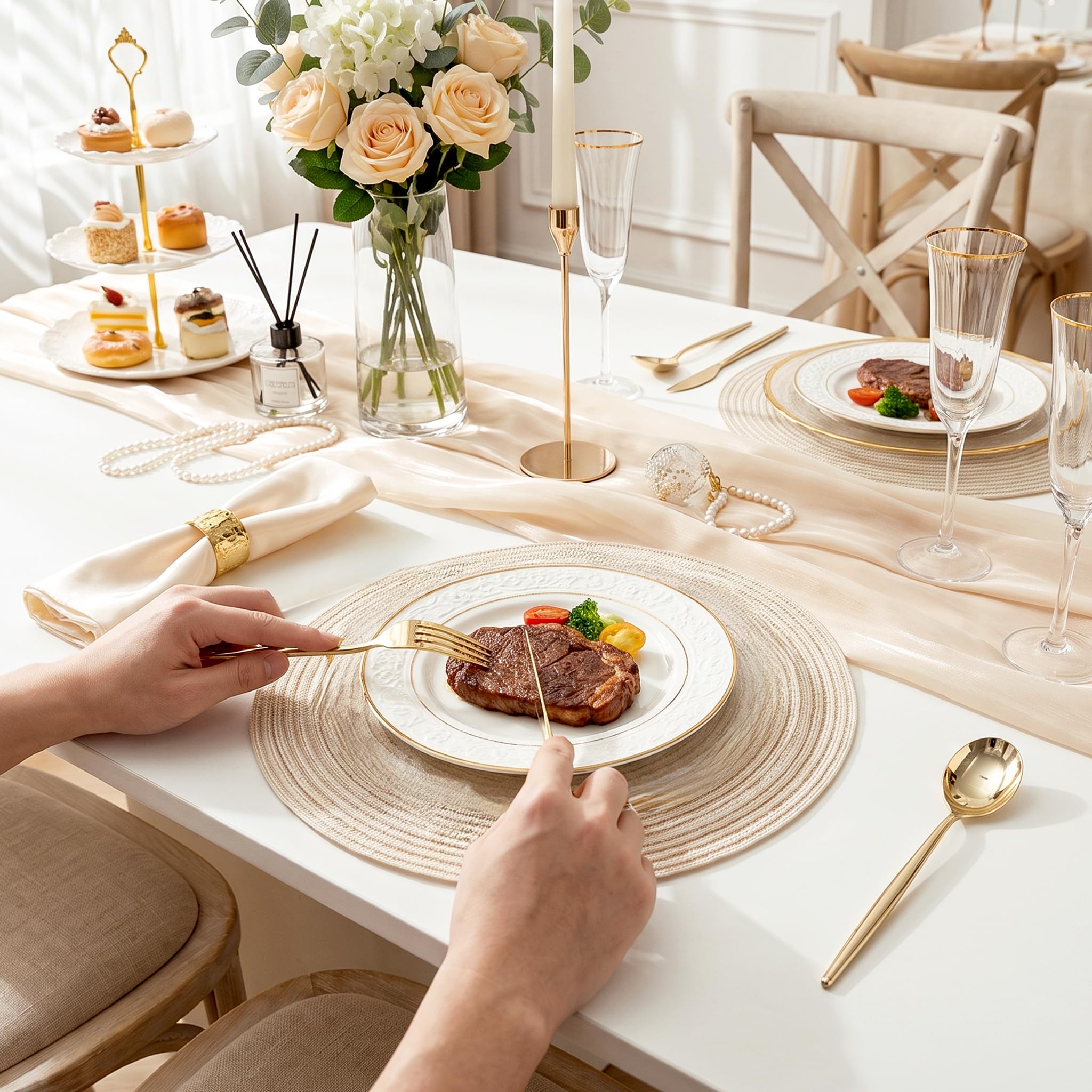 SUT 150PCS Gold Plastic Silverware Set, Heavy Duty Disposable Cutlery for Party,Includes 50 Forks, 50 Spoons and 50 Knives, Elegant Plastic Flatware for Wedding, Birthday and Catering