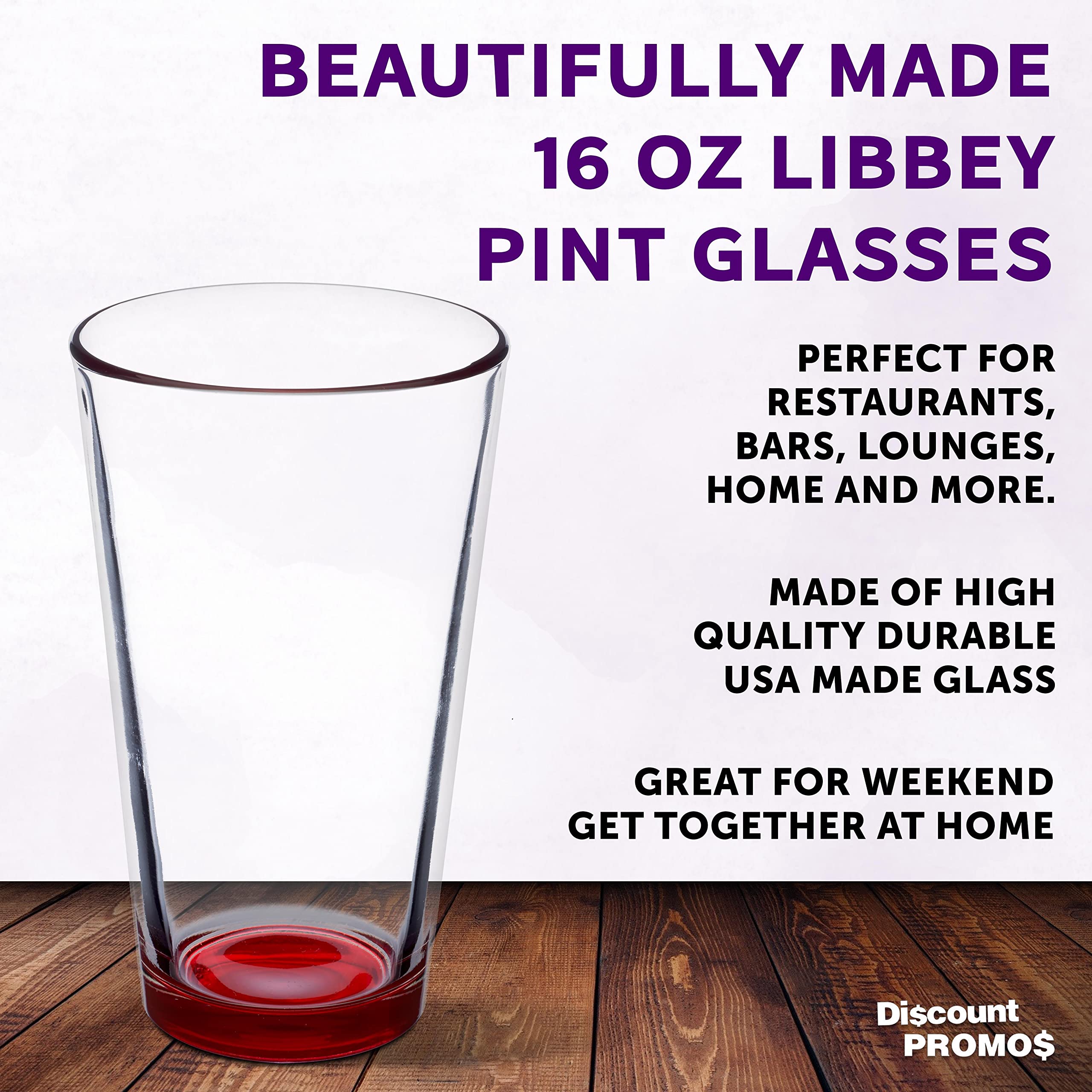 Libbey Pint Glass 16 oz. Set of 10, Bulk Pack - Beer Glasses, Heavy Duty Drinkware - Red