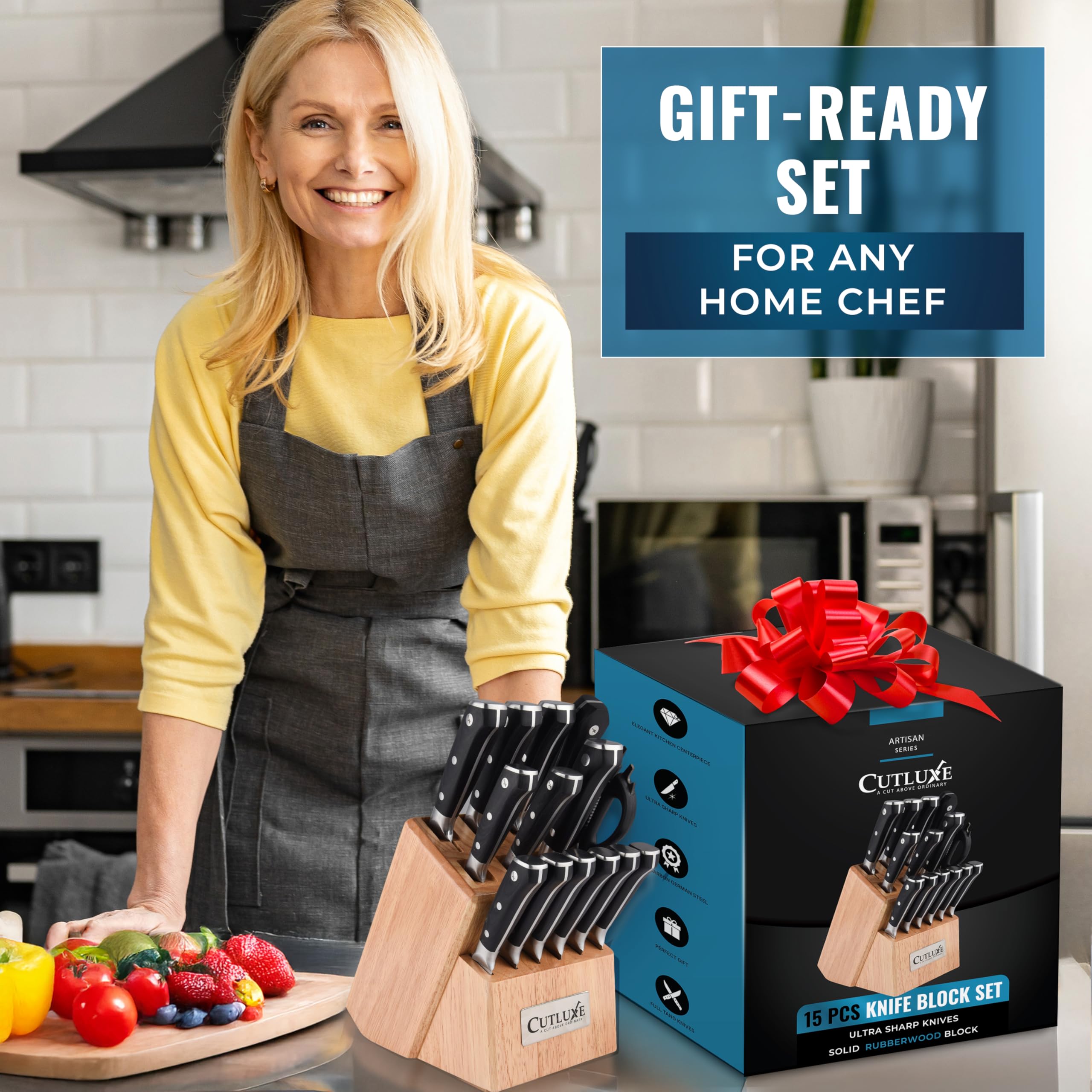 Cutluxe 15-Piece Knife Set for Kitchen – Rubberwood Block, German Steel