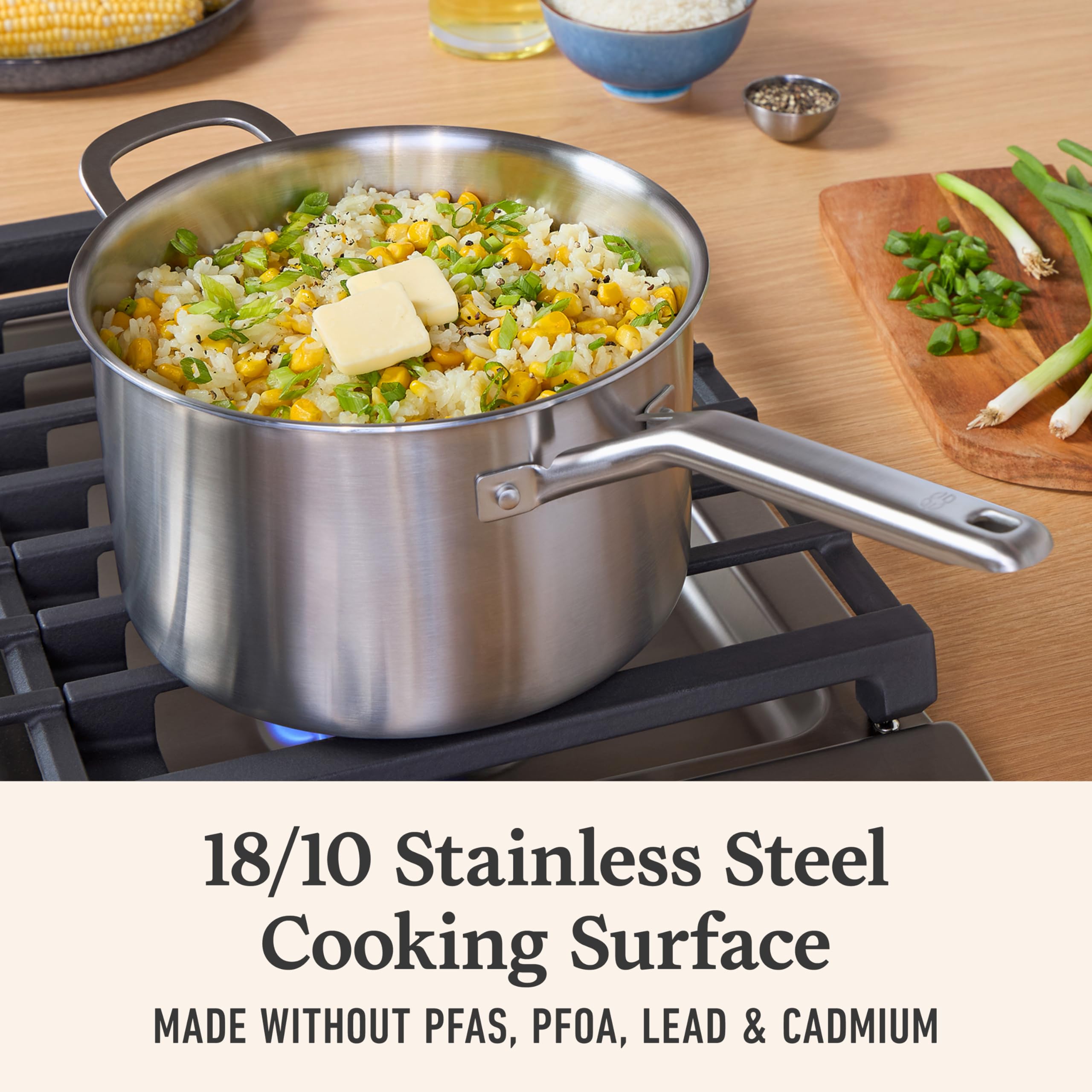 Calphalon Brushed 3-Ply Stainless Steel Cookware Set w/Turbo Heat Tech 4.5Qt Sauce Pan with Lid, Induction, Oven Safe 450F, Brushed Satinless Silver