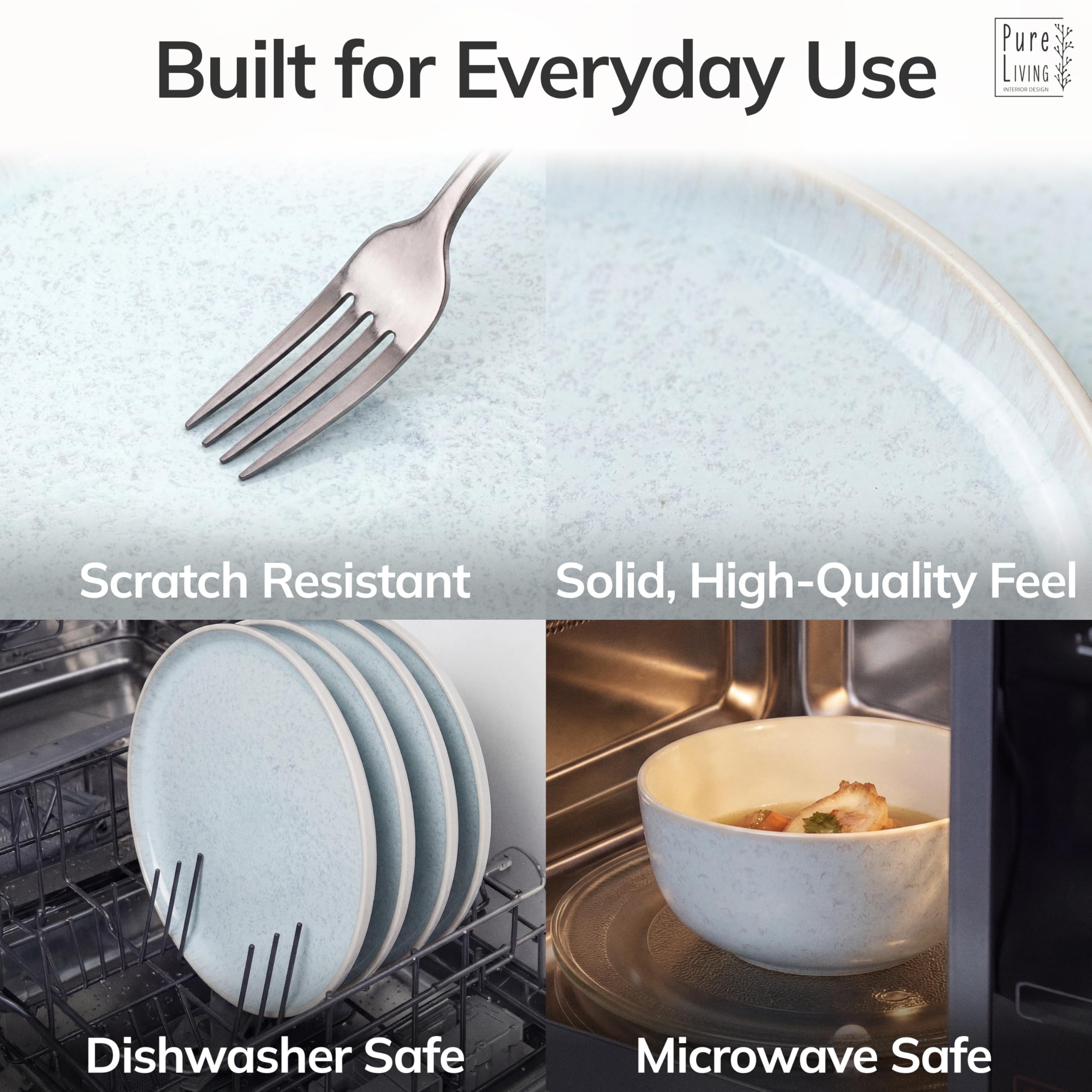 12 Piece Stoneware Dinnerware Set for 4 - Handmade Reactive Glaze Plates and Bowls Set - Chip & Scratch Resistant Dish Set - Dishwasher Microwave Safe - Light Beige & Blue