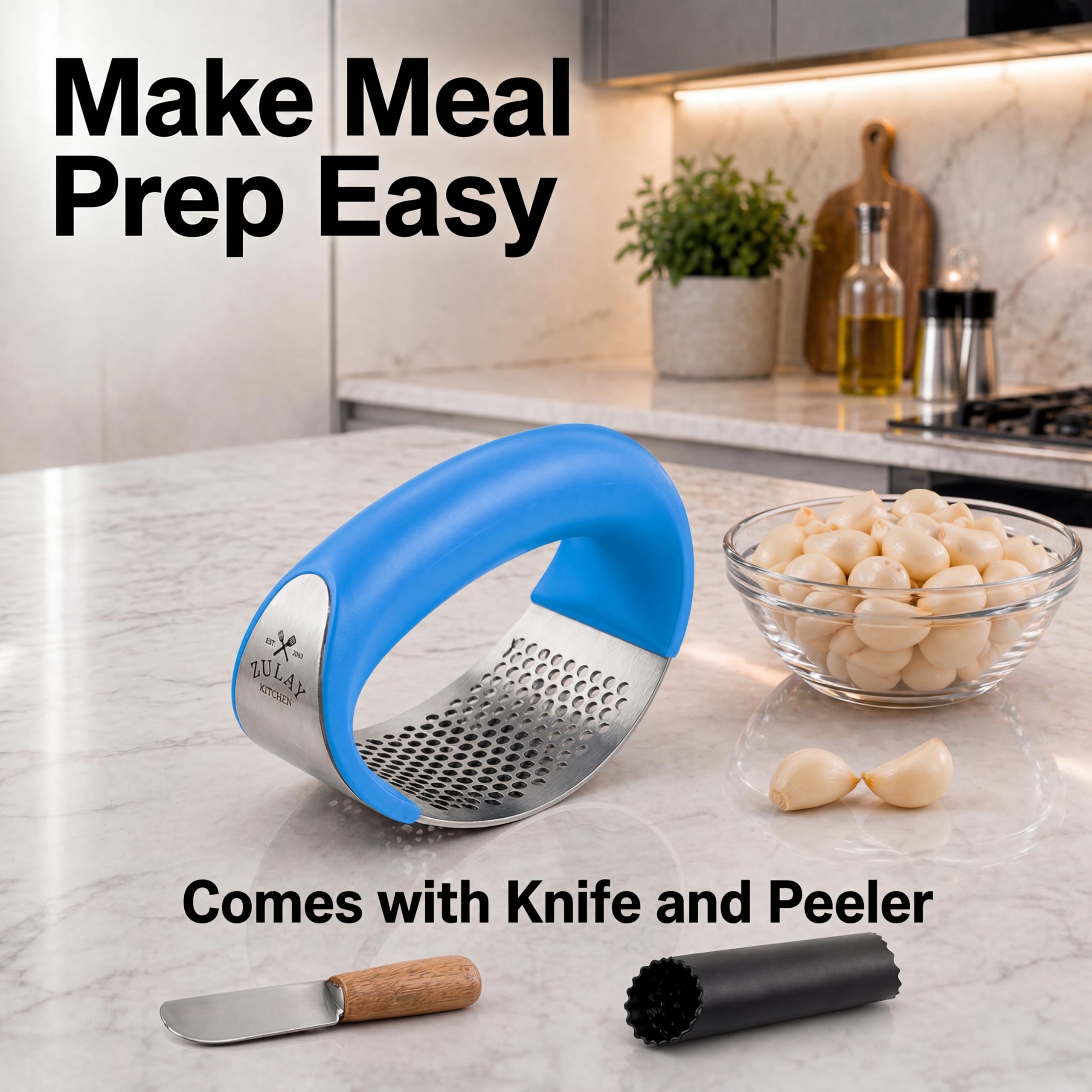 Zulay Kitchen Stainless Steel Garlic Press Rocker Set - Premium Garlic Mincer Garlic Crusher - New Innovative Garlic Crusher with Peeler and Scraper - Comfortable Grip (Blue)