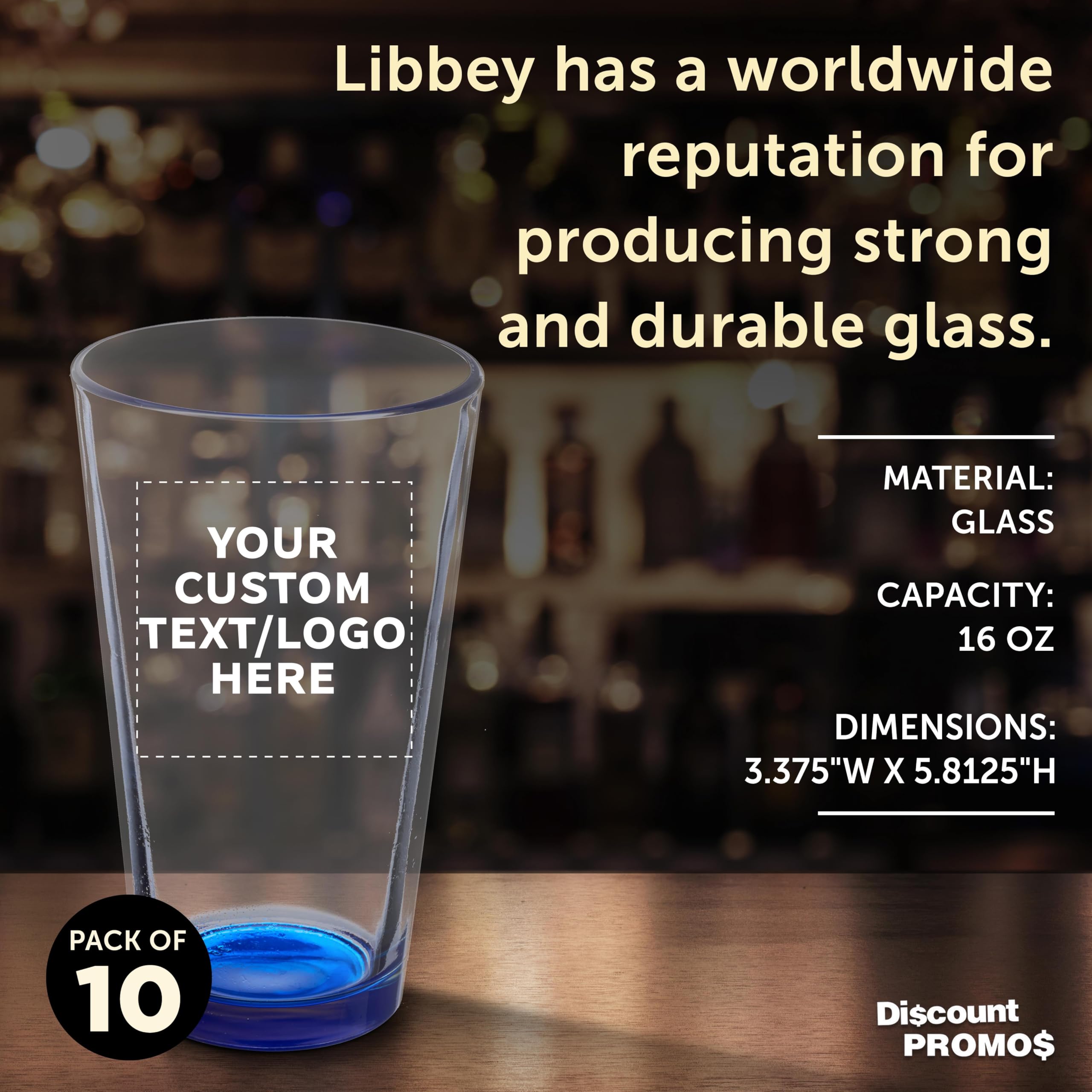Custom Pint Glass 16 oz. Set of 10, Personalized Bulk Pack - Beer Glasses, Heavy Duty Drinkware - Blue
