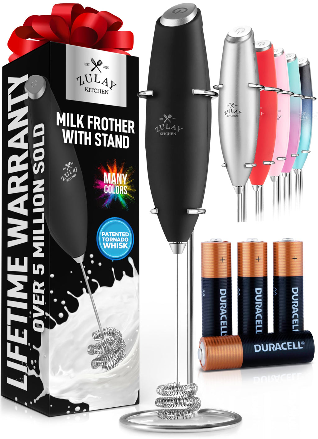 Zulay Kitchen Powerful Milk Frother Wand With Duracell Batteries - Ultra Fast Handheld Drink Mixer - Electric Whisk Foam Maker for Coffee, Lattes, Cappuccino & Matcha - Triple Whisk - Black