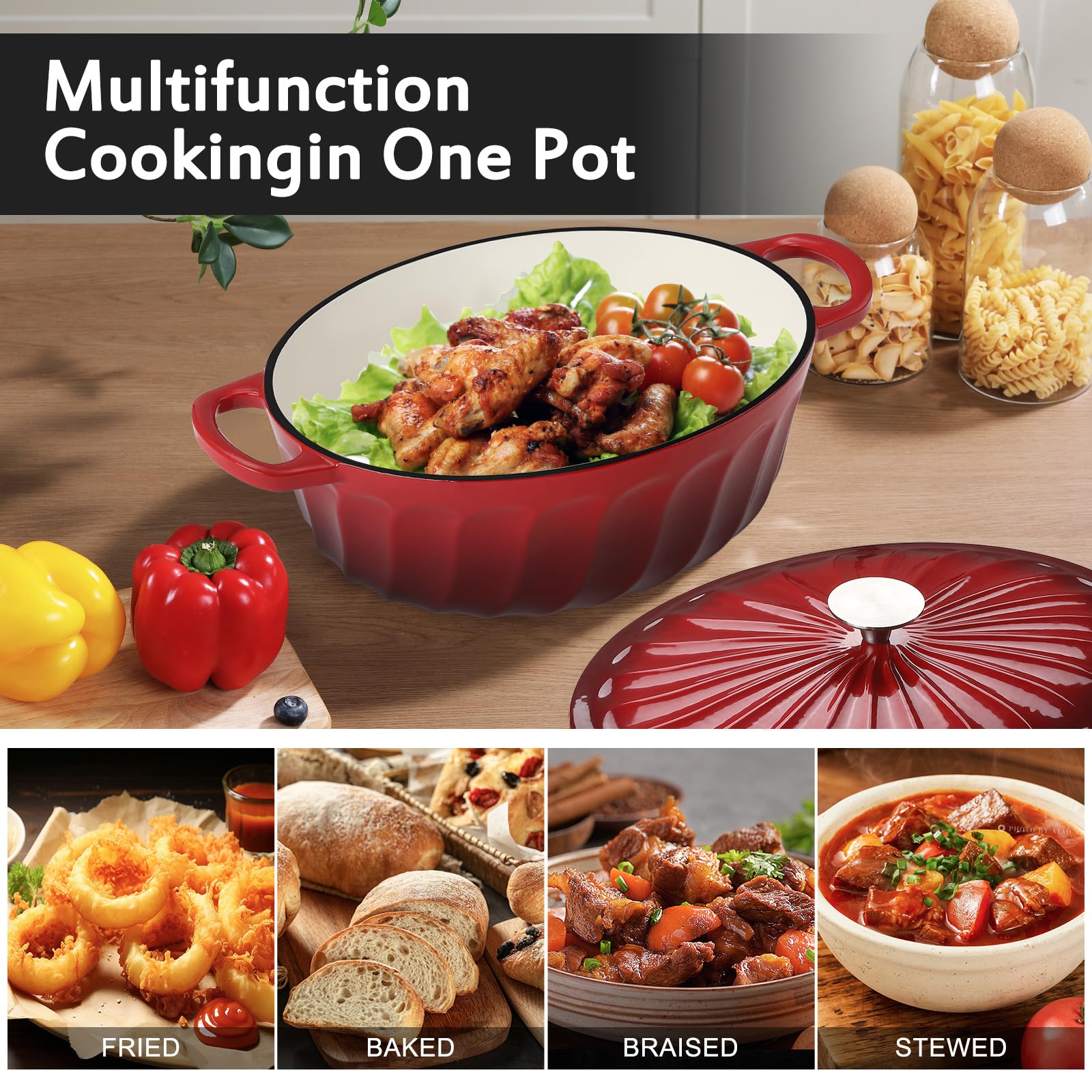 Enameled Oval Dutch Oven Pot with Lid, 7 QT Cast Iron Dutch Oven with Dual Handles for Cooking, Bread Baking, Frying, Non-stick Enamel Coated Oven (7 QT Gradient Red)