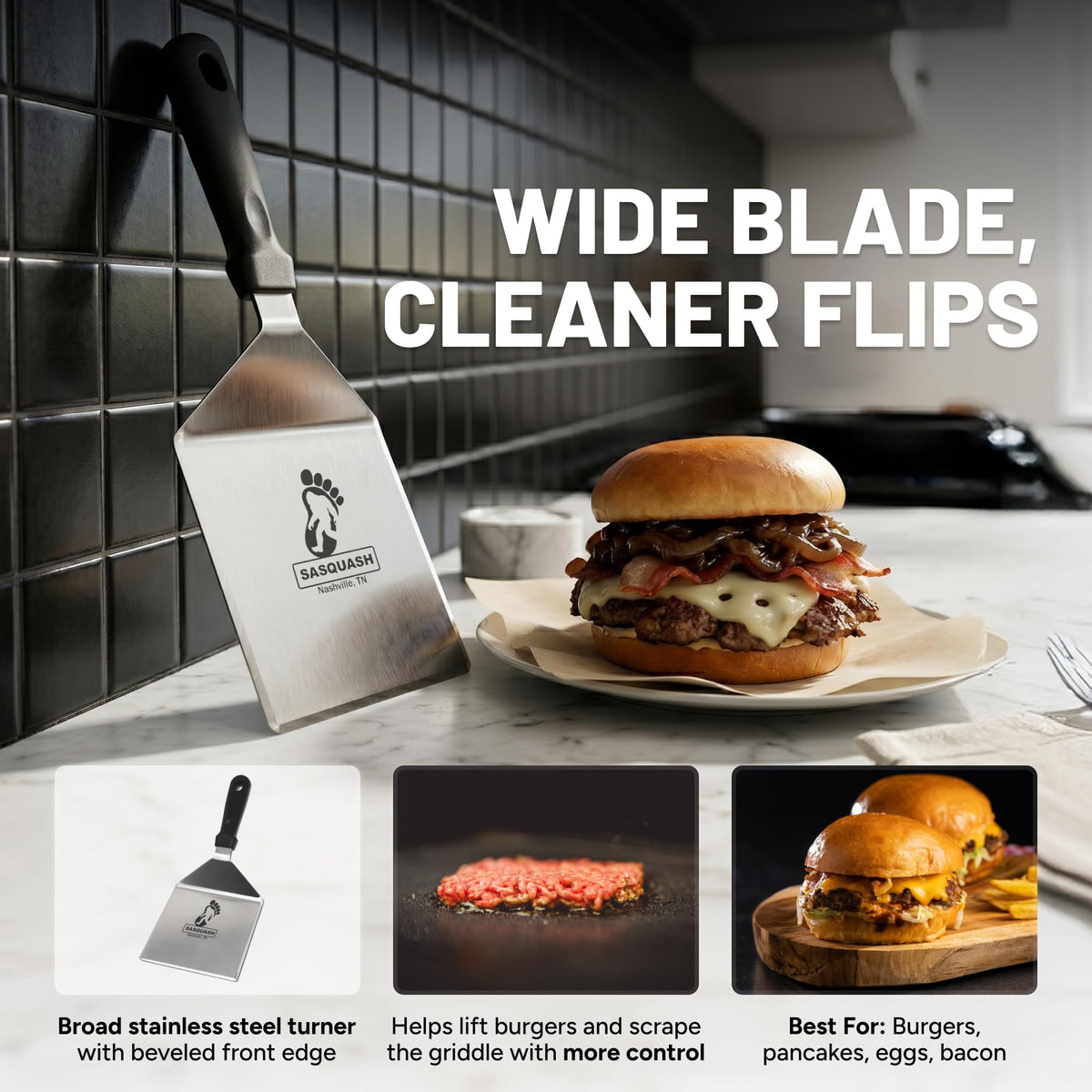 Sasquash Mammoth Smash Burger Spatula, Stainless Steel, 6 x 5.5 Inch Blade