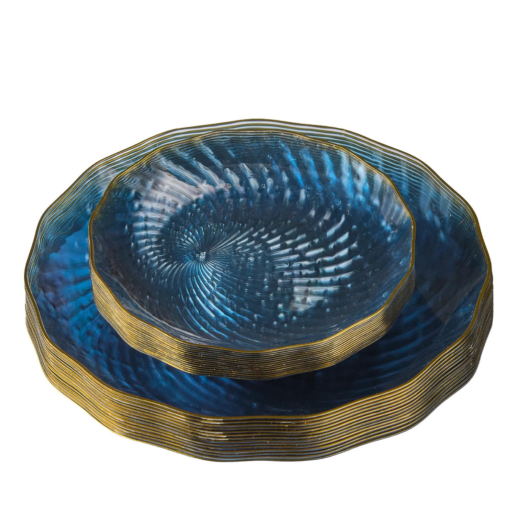 PLASTICPRO 60 Pack Plastic Plates Set of 30-10 inch Plates and 30-7 inch Plate, Elegant Clear Blue Spiral and Gold Rim Disposable Fancy Plate Premium Heavyweight