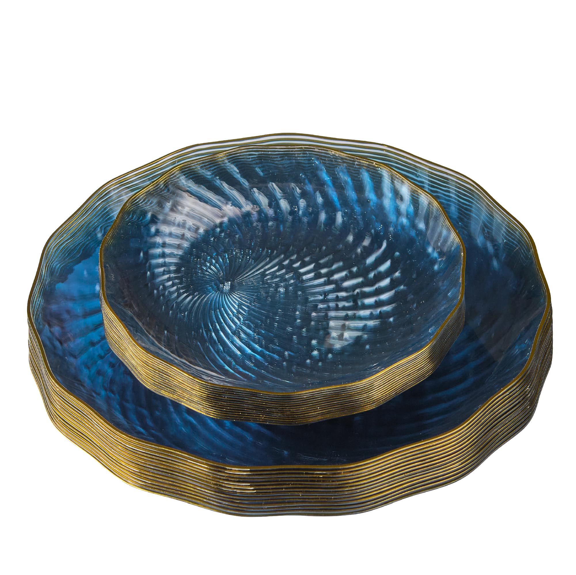 PLASTICPRO 60 Pack Plastic Plates Set of 30-10 inch Plates and 30-7 inch Plate, Elegant Clear Blue Spiral and Gold Rim Disposable Fancy Plate Premium Heavyweight