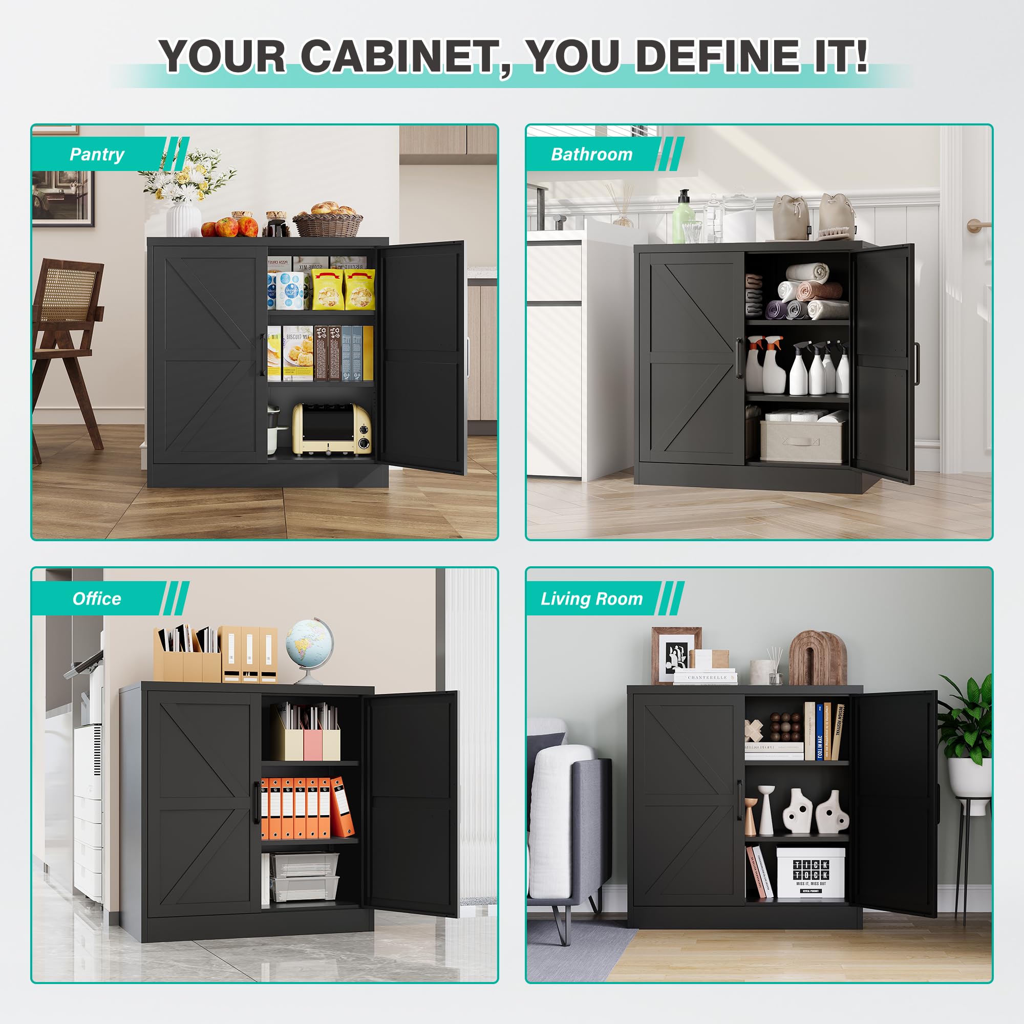 Black Storage Cabinet with Doors and Adjustable Shelves,36" Tall Farmhouse Food Pantry Cabinets,Small Sideboard Cabinet,Short Metal Storage Cabinets for Home Kitchen,Dining/Living/Laundry/Room