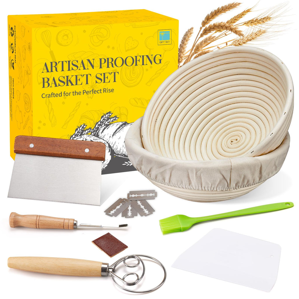 Dimpola Banneton Proofing Basket for Sourdough Bread, Handmade & Natural Rattan - Round Dough Rising Basket for Baking - Perfect for Artisan Breads (Round of 2 Gift Set)