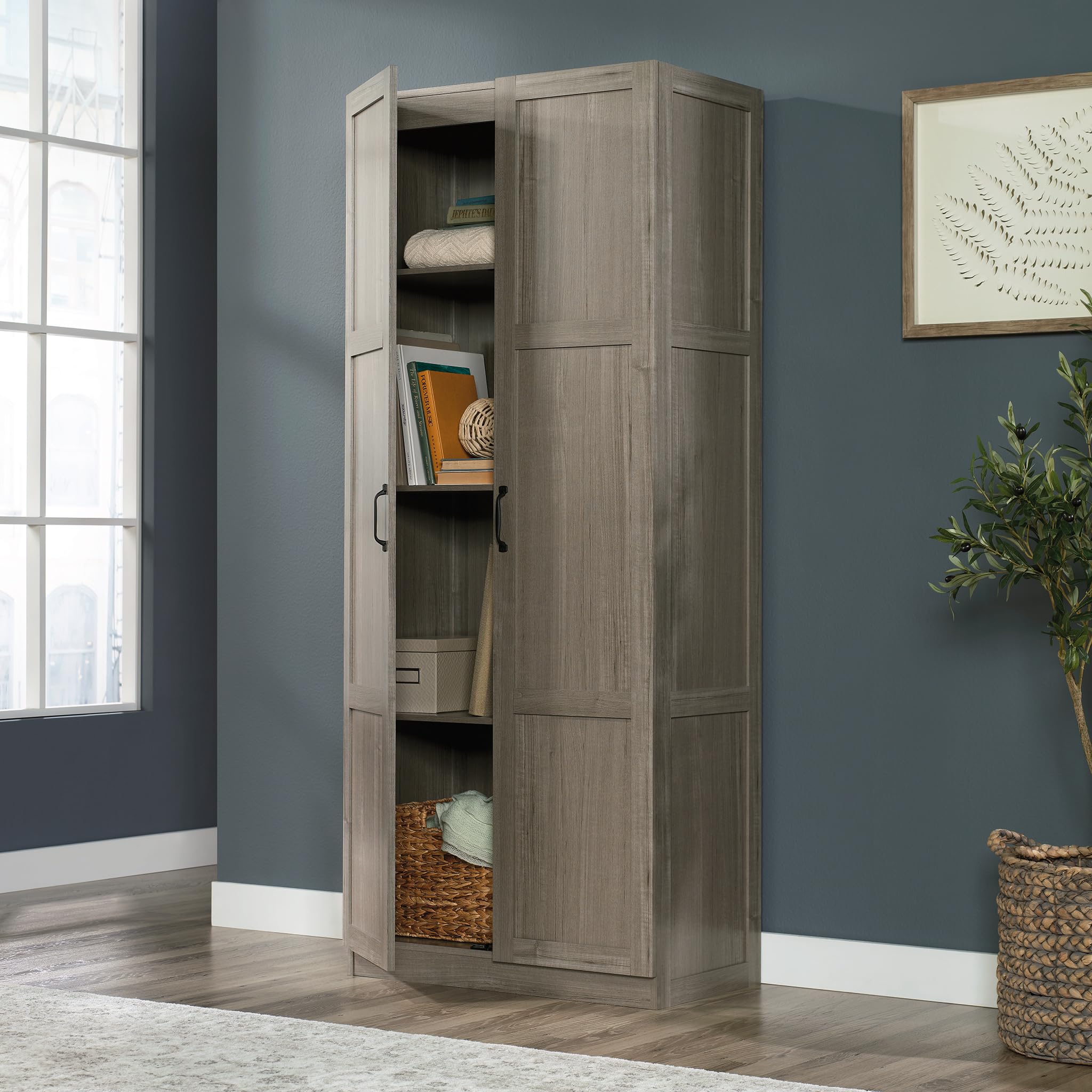 Sauder Select 71" Storage Cabinet, Pantry Cabinet Kitchen Storage with Adjustable Shelves, Bathroom Storage Cabinet, in Silver Sycamore