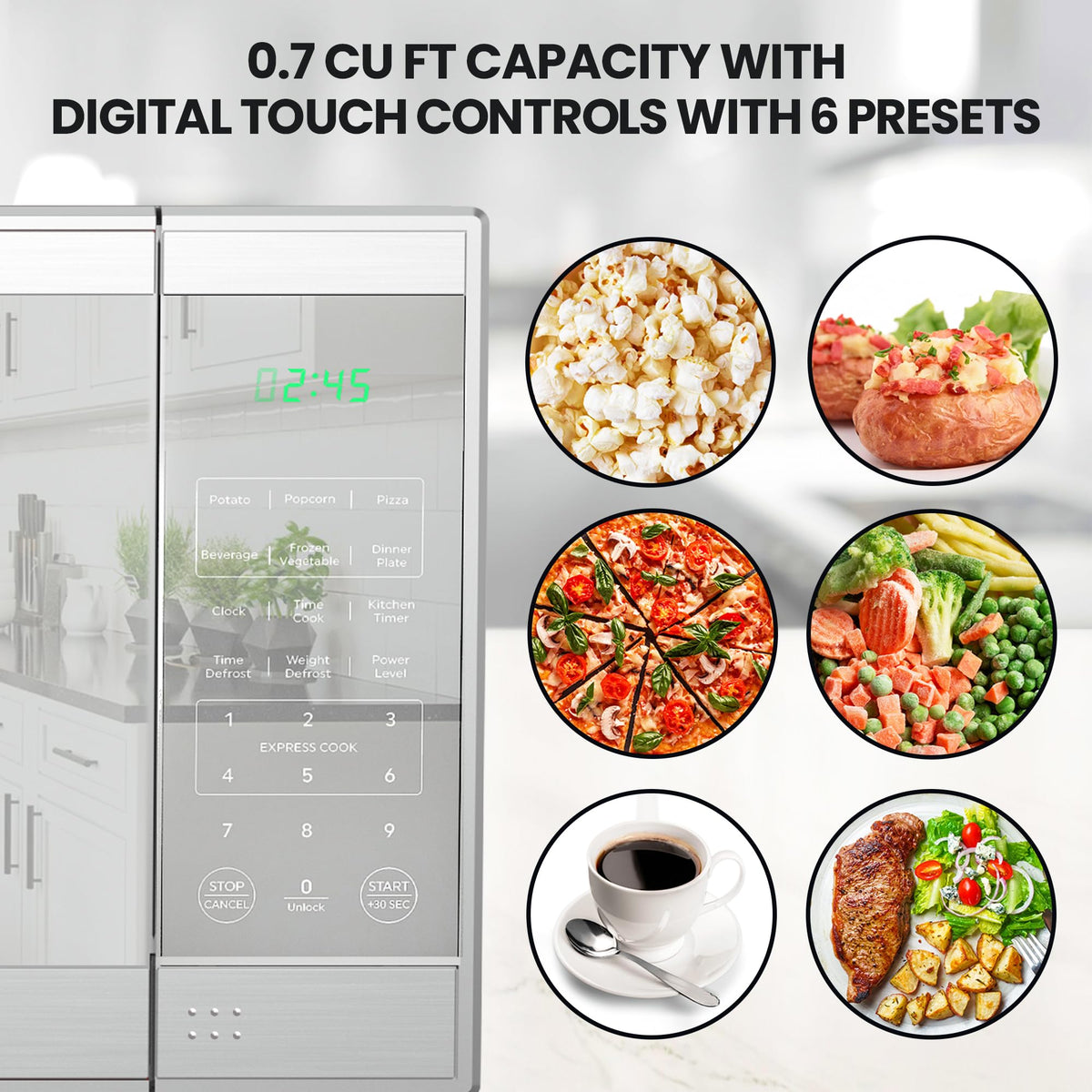 Total Chef 0.7 Cu Ft Microwave Oven - Countertop Small Kitchen Appliance, Stainless Steel Microwave with Digital Touch, Pre-Set Functions, 10” Turntable, 700 Watt