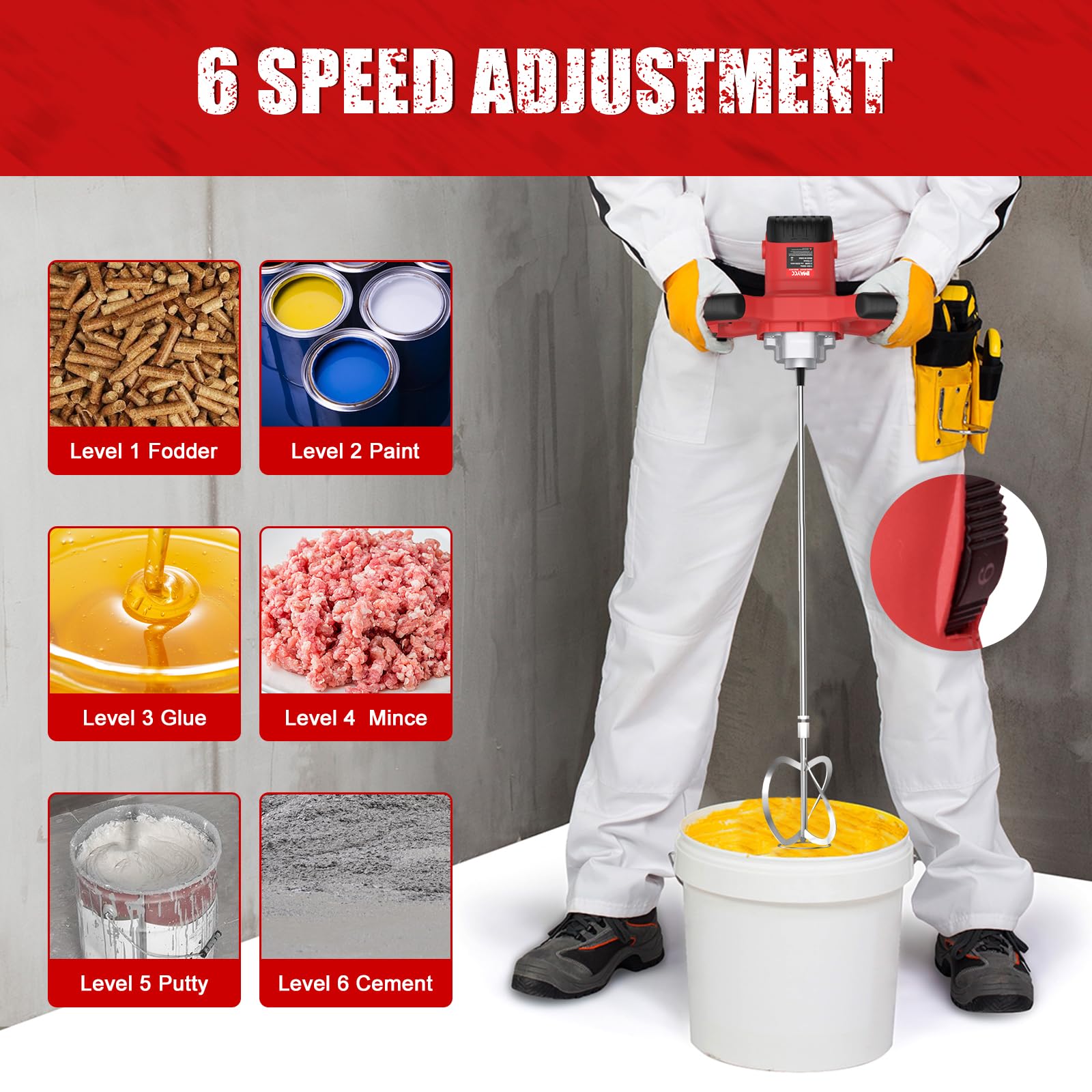 IMAYCC Cement Mixer, 2100W Electric Concrete Mixer with 6 Speed, 110V Handheld Mud Mixer for Motar,Paint, Grout, Plaster, Thinset,Fodder Stirring Tool