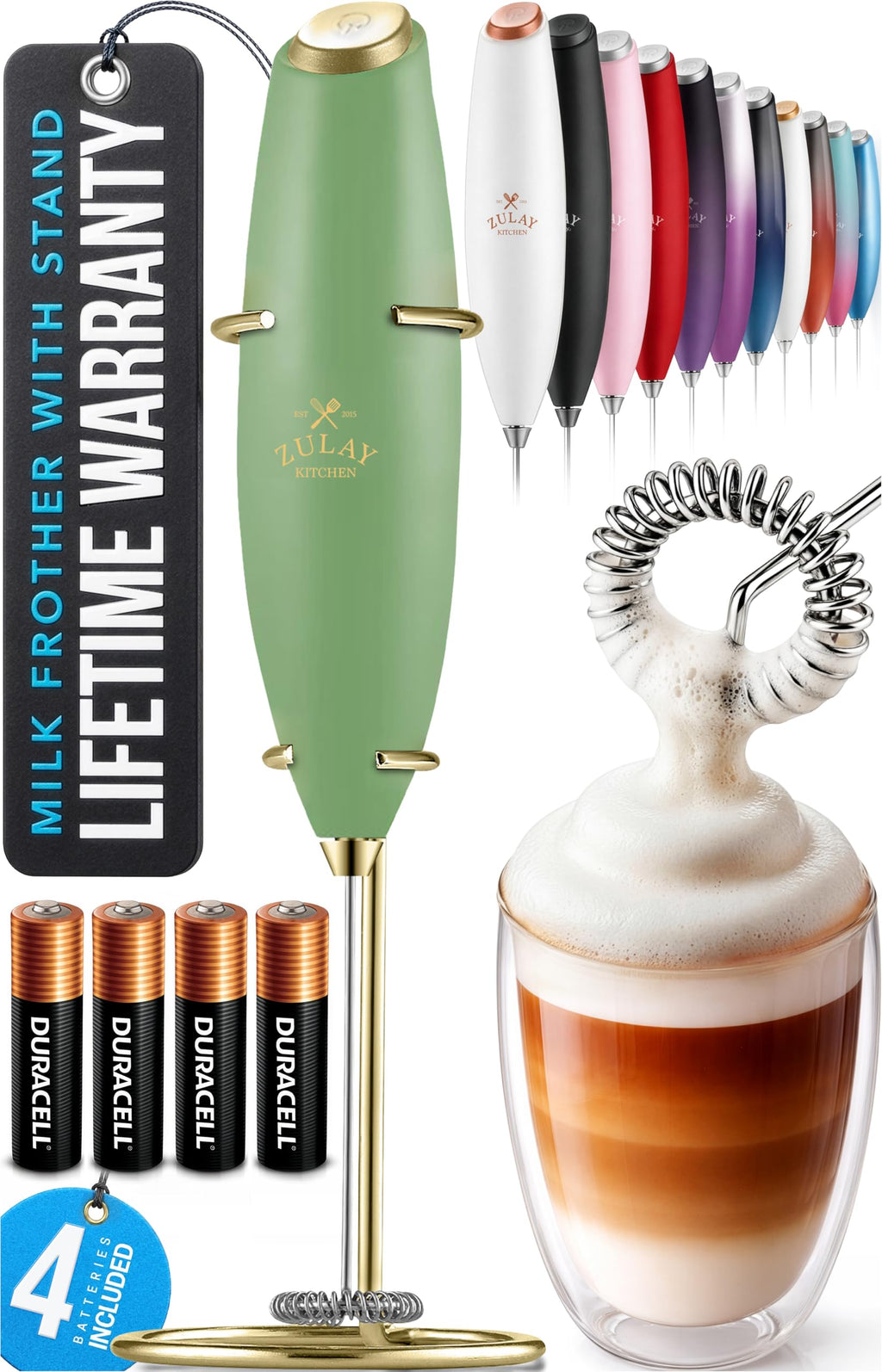 Zulay Kitchen Powerful Milk Frother Wand With Duracell Batteries - Ultra Fast Handheld Drink Mixer - Electric Whisk Foam Maker for Coffee, Lattes, Cappuccino & Matcha - Z1 Motor - Forest Gold