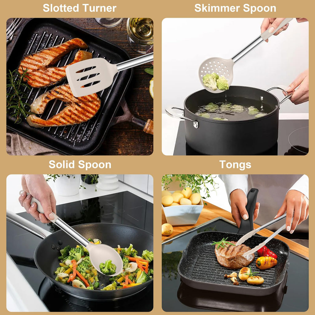 E-far Silicone Cooking Utensils Set, 7 Pcs Heat Resistant Kitchen Utensils with Stainless Steel Handle, Slotted Turner, Spoon, Soup Ladle, Pasta Server, Skimmer, Tongs for Nonstick Cookware, Khaki