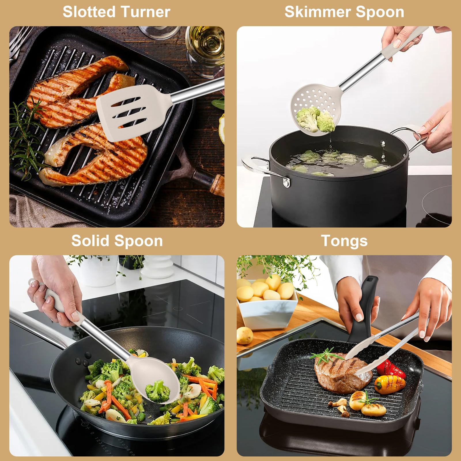 E-far Silicone Cooking Utensils Set, 7 Pcs Heat Resistant Kitchen Utensils with Stainless Steel Handle, Slotted Turner, Spoon, Soup Ladle, Pasta Server, Skimmer, Tongs for Nonstick Cookware, Khaki
