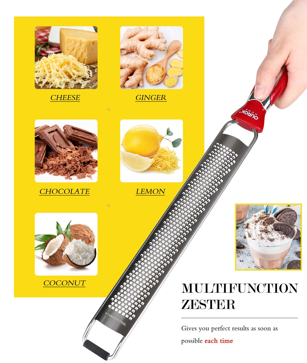 Ourokhome Kitchen Lemon Zester, Stainless Steel Hand Held Parmesan Cheese Grater for Ginger, Chocolate, Coconut, Lime, Nutmeg, Citrus, Fruit, Vegetable with Cleaning Brush, Dishwasher safe, Red