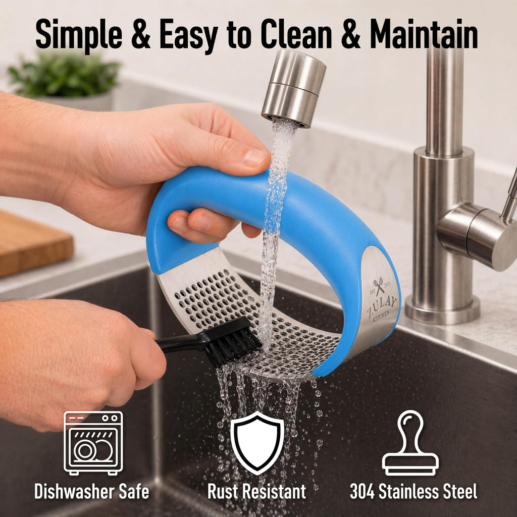 Zulay Kitchen Stainless Steel Garlic Press Rocker Set - Premium Garlic Mincer Garlic Crusher - New Innovative Garlic Crusher with Peeler and Scraper - Comfortable Grip (Blue)