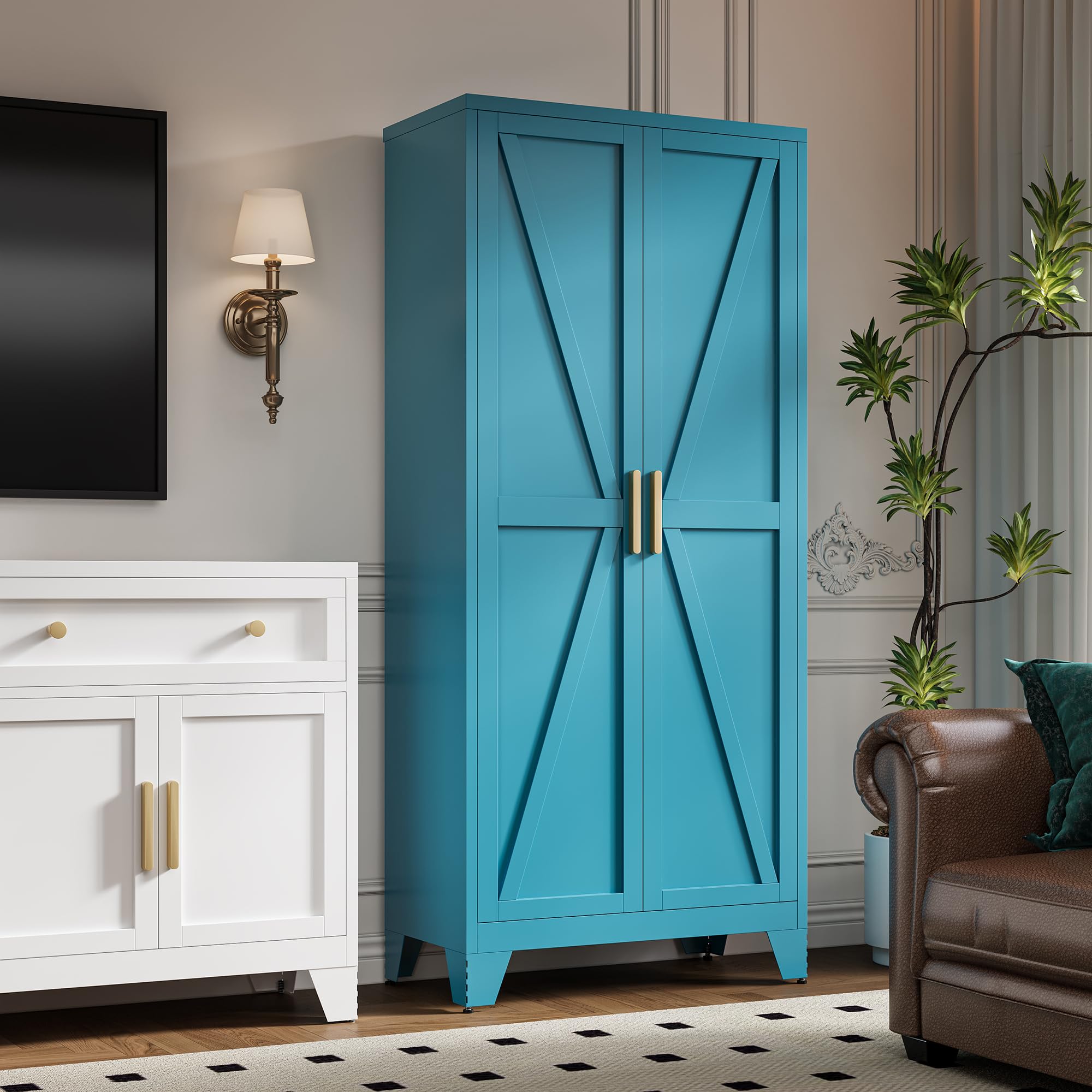 LCAOPC 71" Tall Metal Storage Cabinet with 2 Doors and 4 Adjustable Shelves, 5-Tier Kitchen Pantry Storage Cabinet for Kitchen, Living Room, Dining Room and Office, Blue