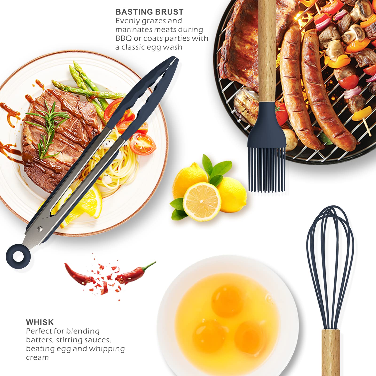 oannao Silicone Cooking Utensils Set - 446°F Heat Resistant Silicone Kitchen Utensils for Cooking,Kitchen Utensil Spatula Set w Wooden Handles, BPA FREE Gadgets for Non-Stick Cookware (Navy Blue)