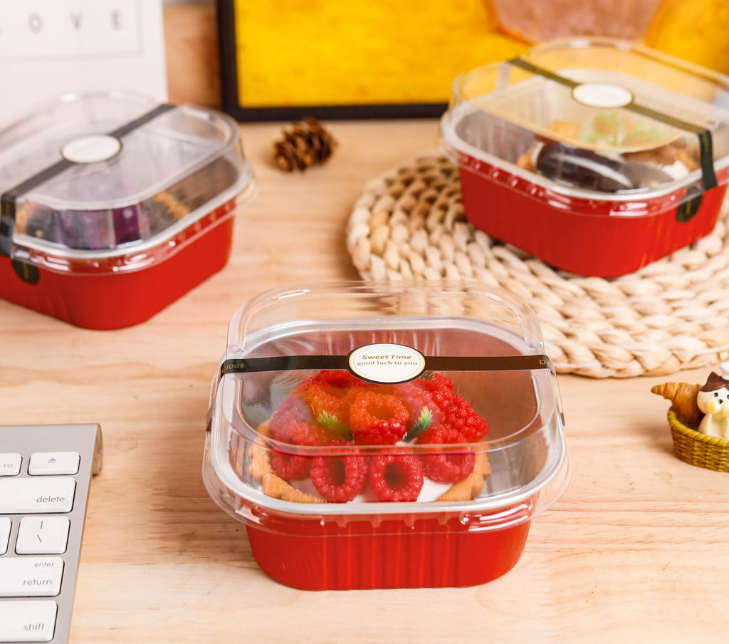NPLUX Square Cake Pans with Lids, 50 Pack Red 10oz for Seasonal Baking