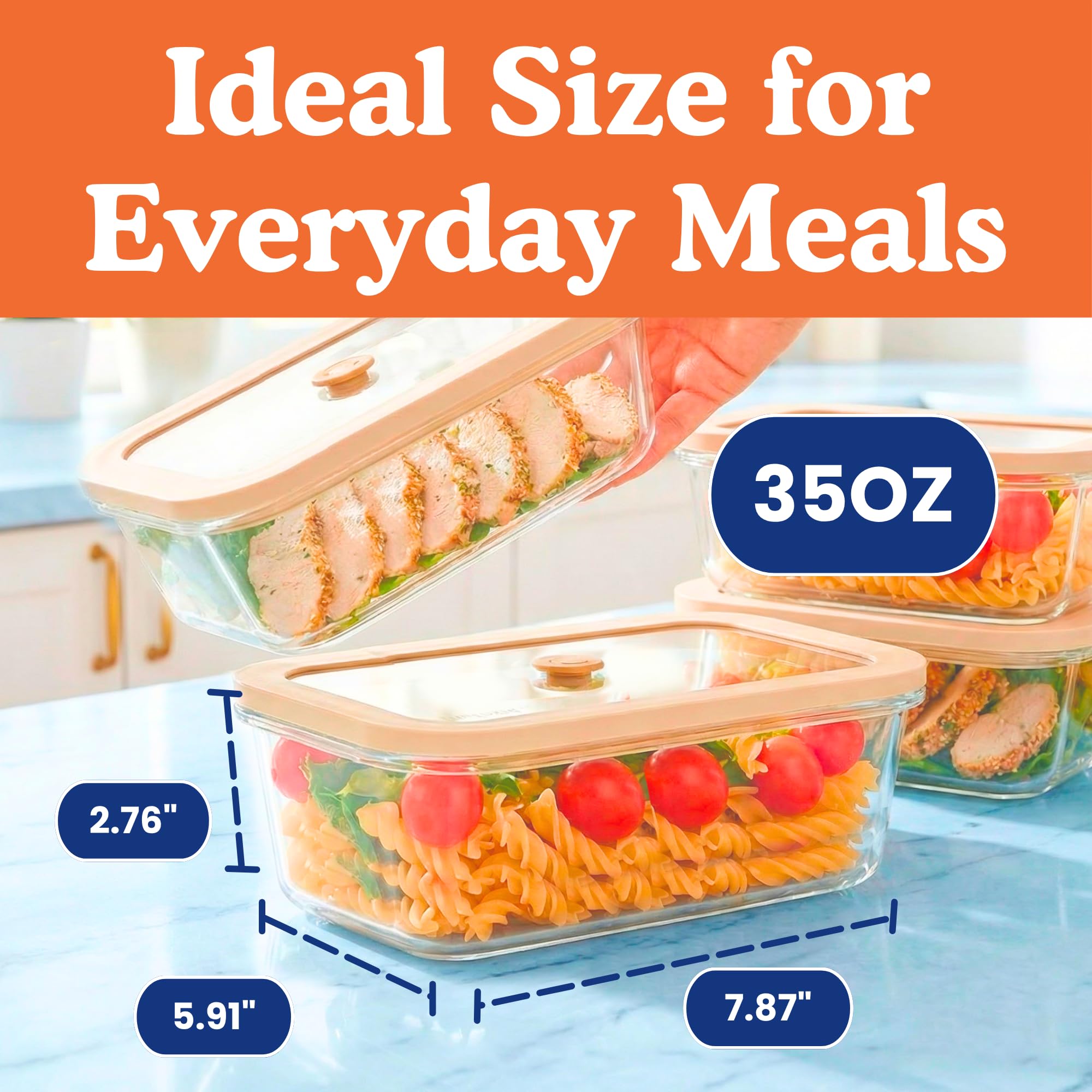 Non-Toxic Glass Food Containers with Lids, 4-Pack, 35 oz, Airtight, Beige