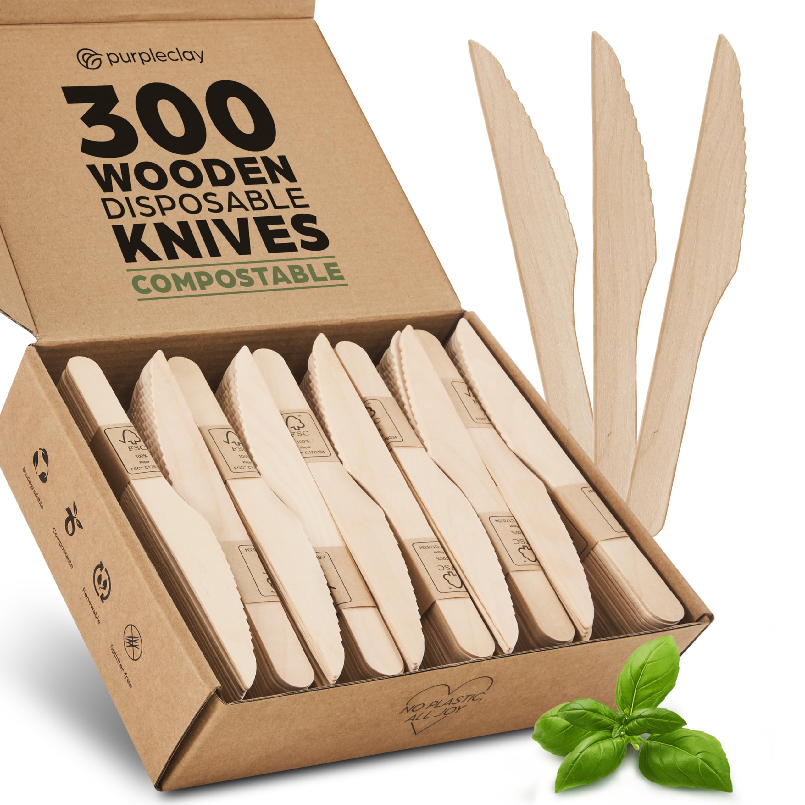 PURPLECLAY Wooden Knives Disposable – 300 Piece Wood Compostable Knives, Eco-Friendly Biodegradable Cutlery Set, Charcuterie Accessories Disposable, Wooden Knife for Parties, Plastic-Free Utensils