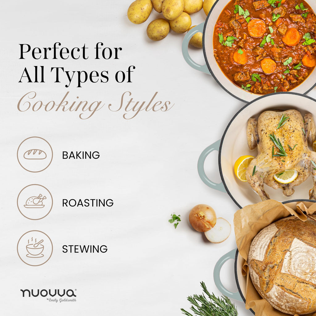 Nuovva Enamelled Cast Iron Dutch Oven Pot with Lid 6.4 Quart Non Stick Casserole Pot-Heavy Duty & Oven Safe up to 500° F for Bread Baking, Braising, Stews, Roasting - 28cm Sea Salt
