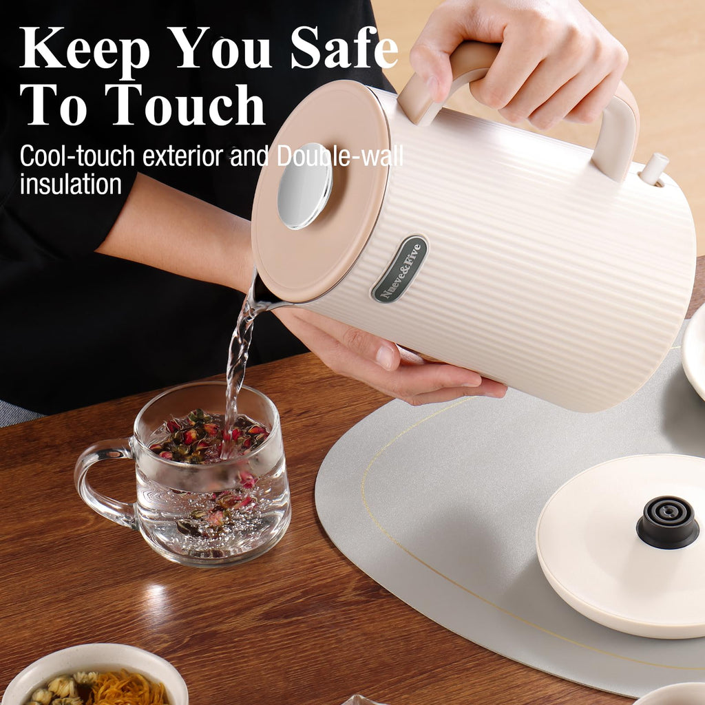 Nueve&Five 1.7L (57oz) Large Electric Kettle Perfect for 7+Cups of Tea and Coffee,2 quarts Double Wall Big Electric Tea Kettle,Auto Shut Off,1200W Hot Water Kettle Electric -Cream White